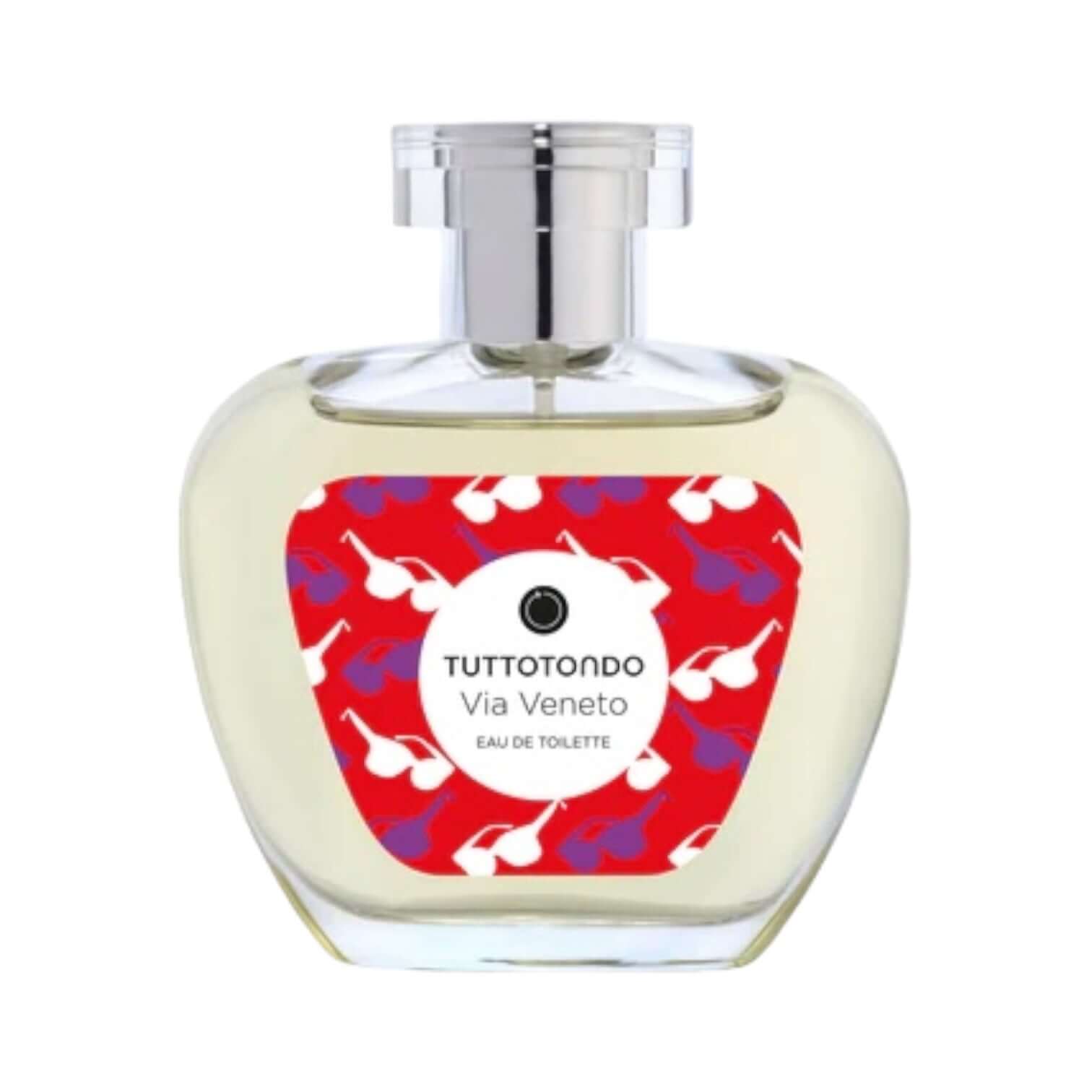 Bottle of Via Veneto Eau De Toilette by TuttoTondo, featuring vibrant red design and floral accents.