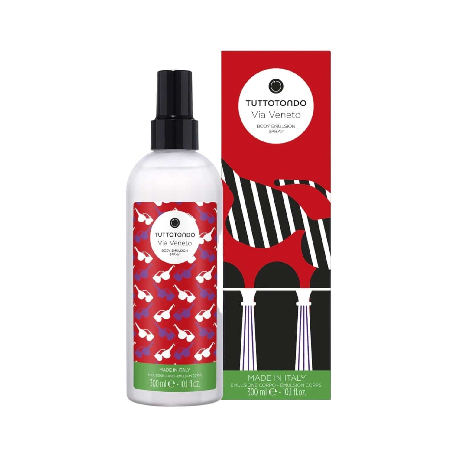 Spray idratante Via Veneto TuttoTondo, 300 ml, confezione elegante, effetto tonificante e antiossidante.