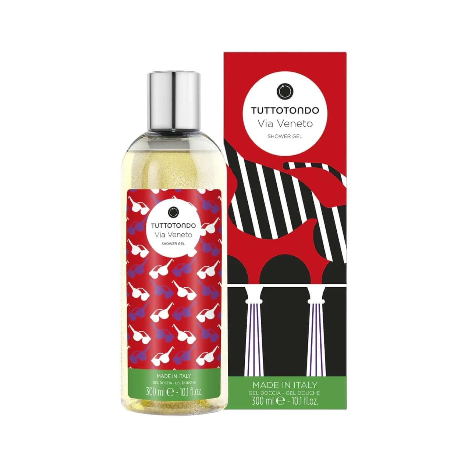 Tuttotondo Via Veneto shower gel in a stylish bottle with colorful packaging, 300 ml, made in Italy.