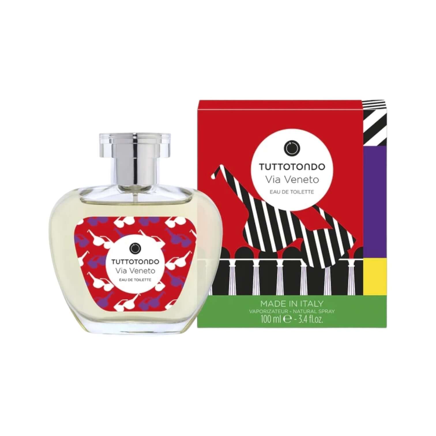 Via Veneto Eau De Toilette bottle and box design, vibrant colors and Italian elegance, capturing the essence of La Dolce Vita.