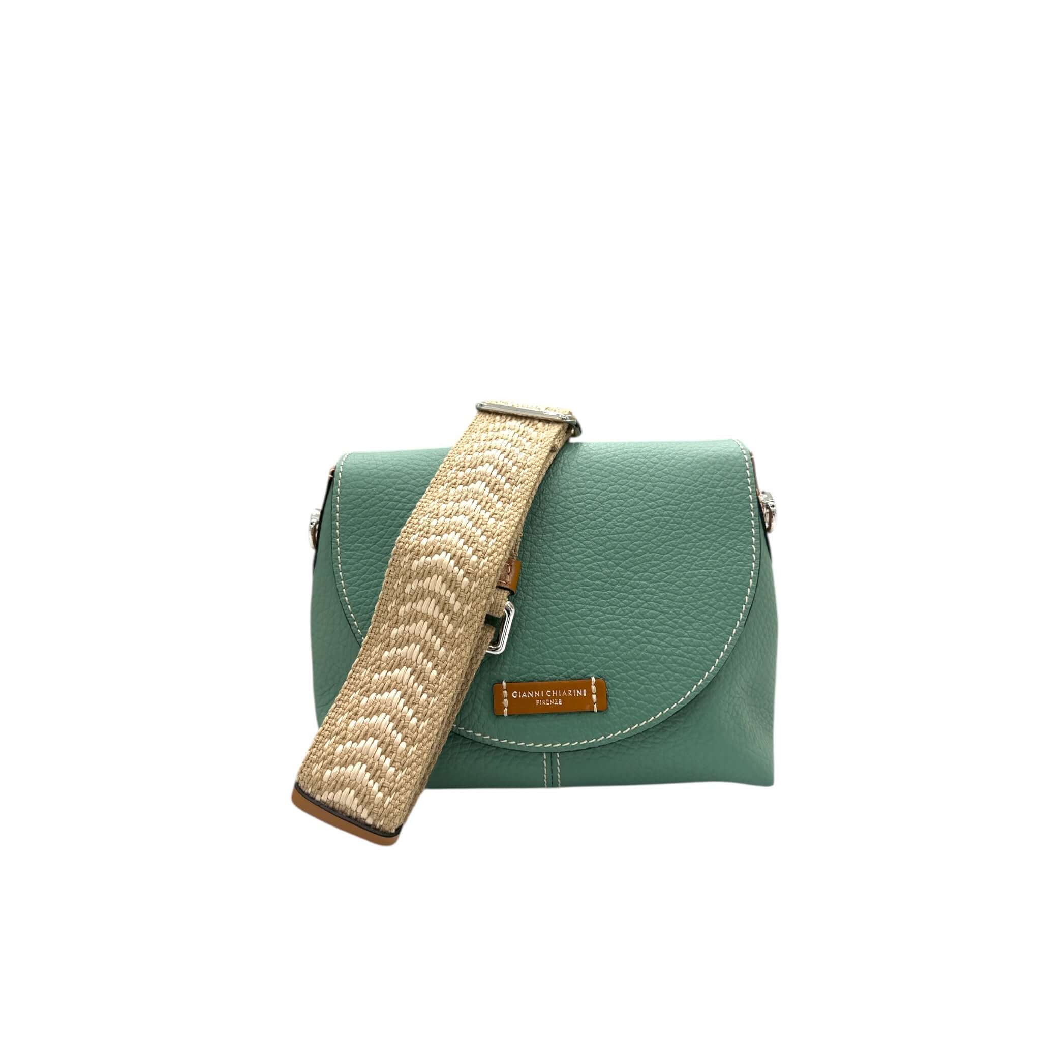 ALESSANDRA borsa Gianni Chiarini Firenze in pelle grana maxi con tracolla in nastro, colore verde acqua.