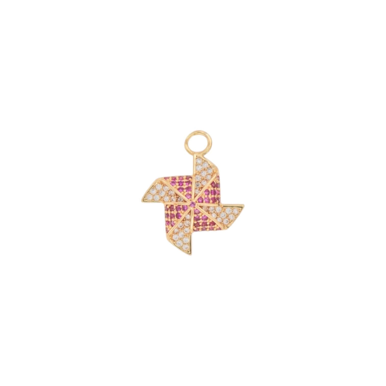 Alice Charm: 18k gold-plated brass pinwheel charm adorned with pink and clear crystals.