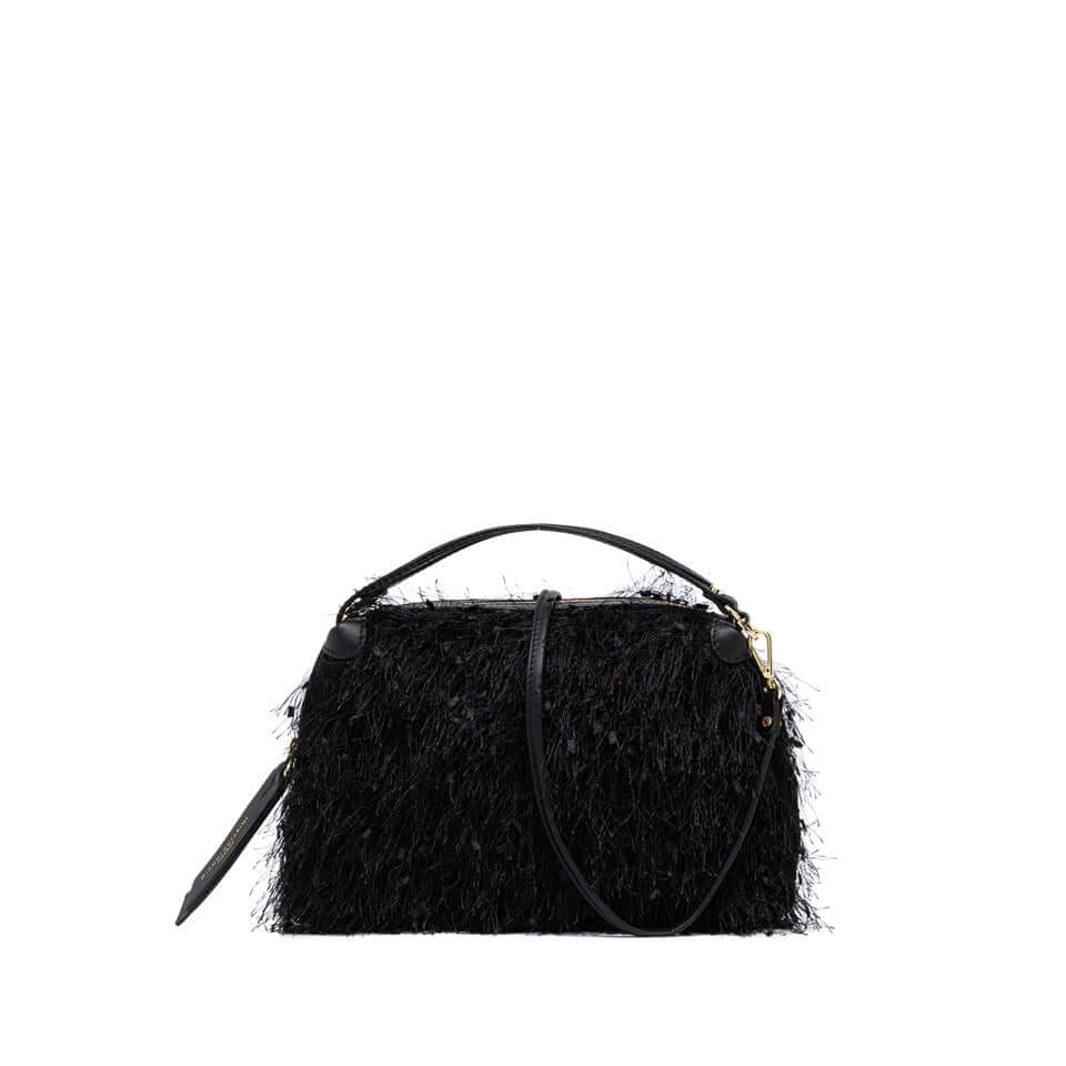 Borsa a mano ALIFA in tessuto sfrangiato nera con tracolla regolabile, Gianni Chiarini Firenze.