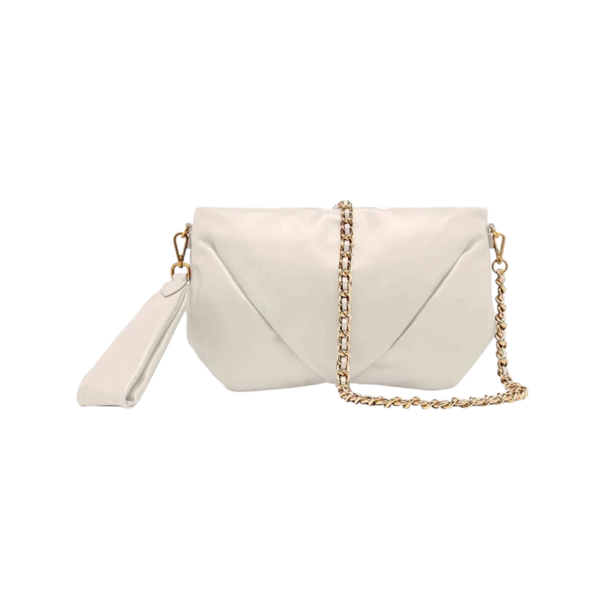 ALLEGRA clutch by Gianni Chiarini, elegant white evening bag with chain strap and zip closure.