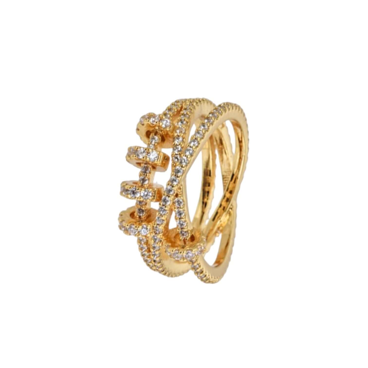 Anello Triplo in ottone placcato oro 18 carati, design elegante con dettagli scintillanti, taglia unica regolabile.