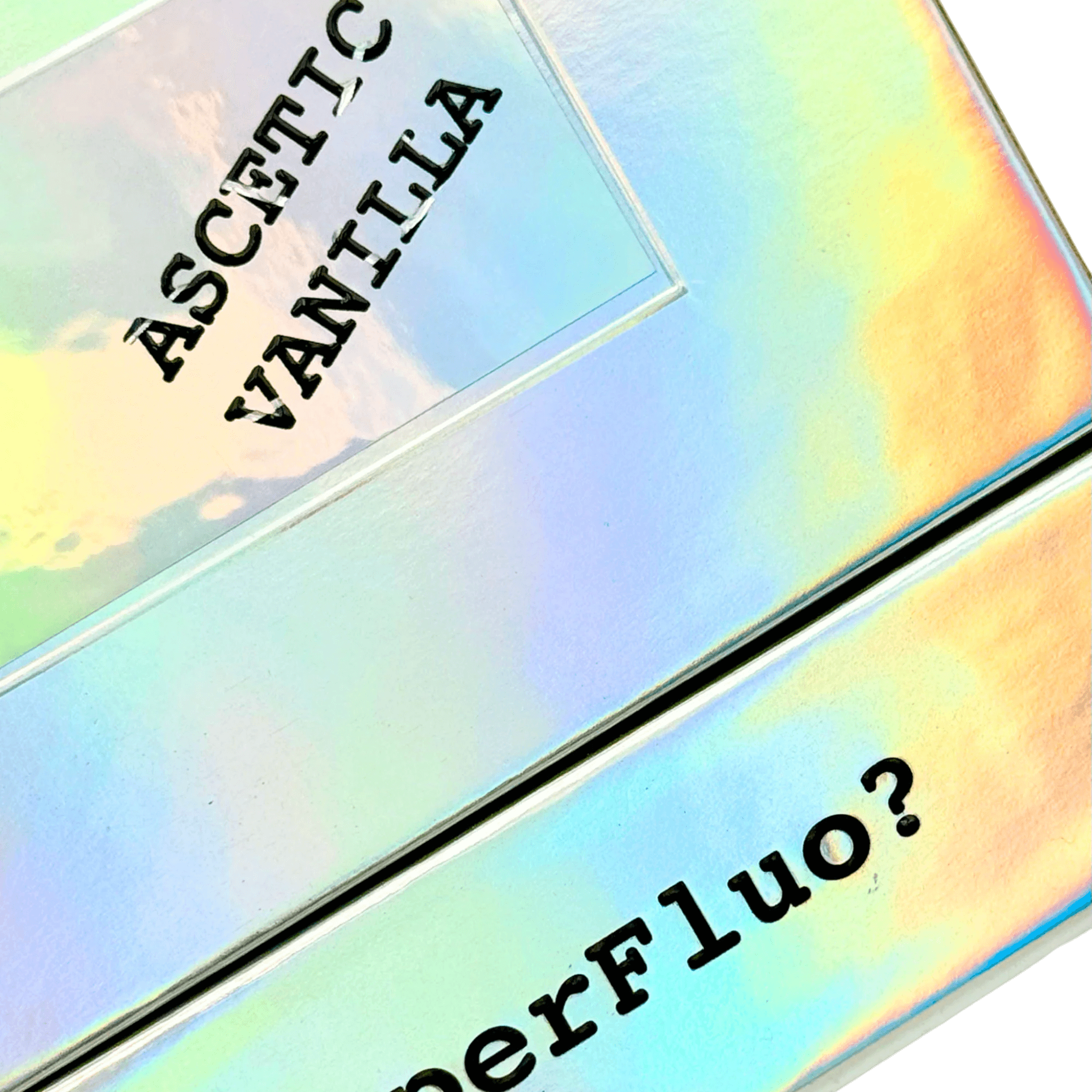 ASCETIC VANILLA perfume packaging with an iridescent finish, showcasing the brand Filippo Sorcinelli.