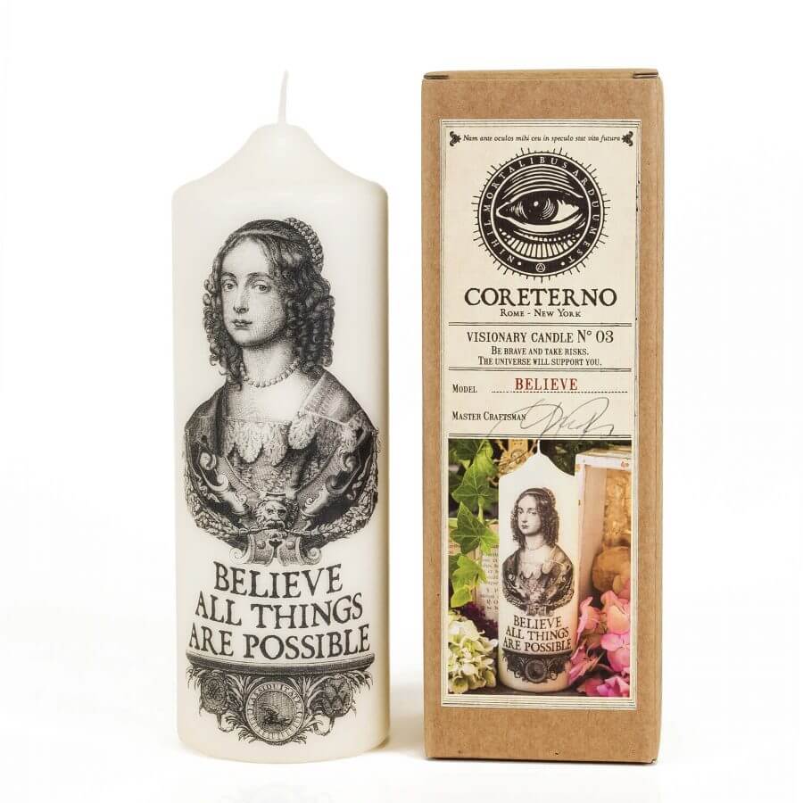 Believe Candela Artistica with inspiring message on vision candle and eco-friendly packaging.