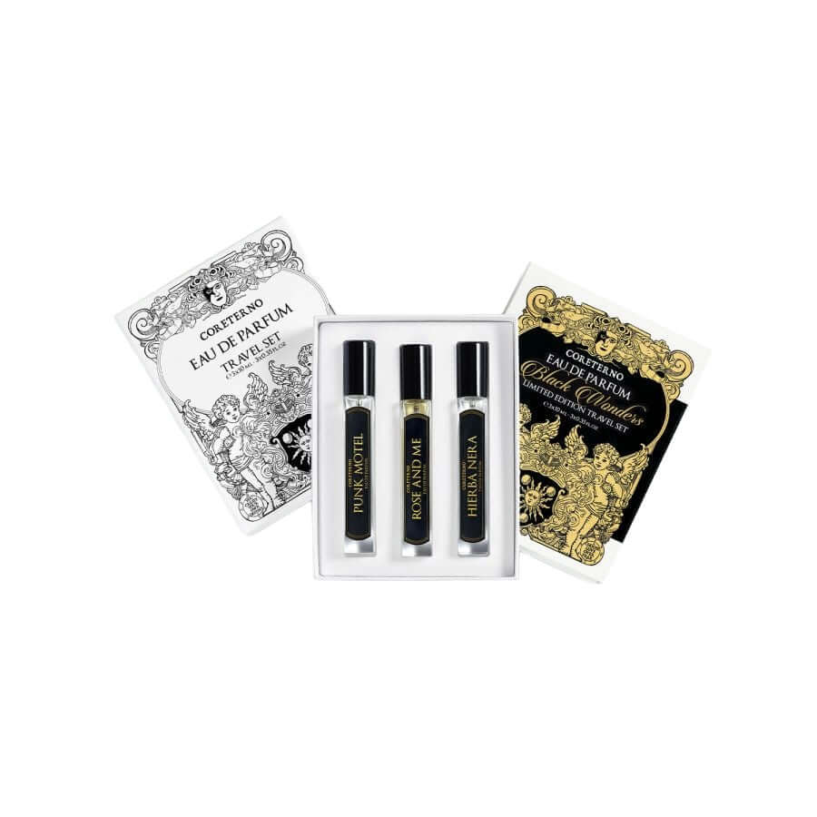 Black Wonders Limited Edition Travel Set with three Eau De Parfum vials: Punk Motel, Rose and Me, and Hierba Nera.