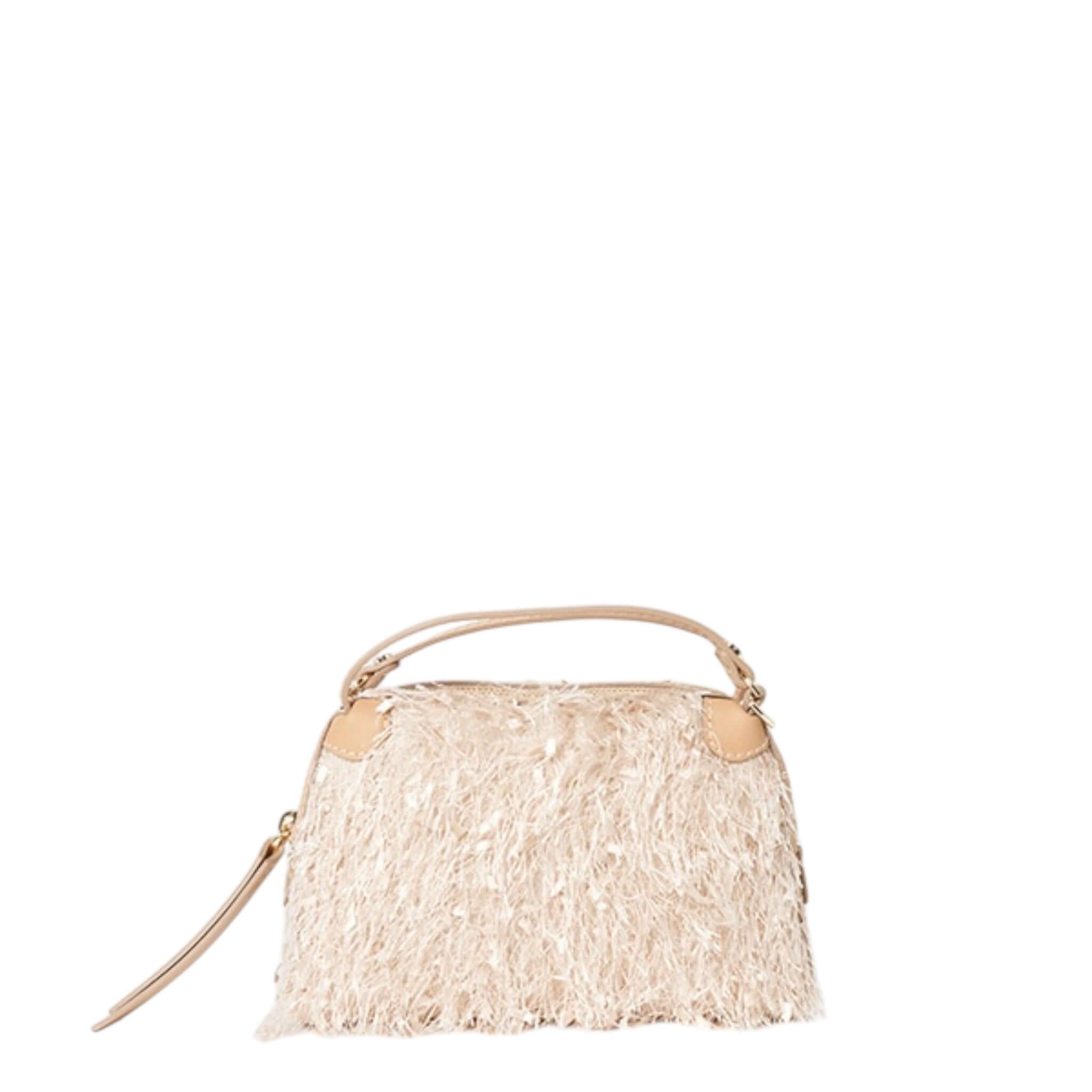 Borsa a mano Alifa di Gianni Chiarini in tessuto sfrangiato con zip e tracolla, dimensioni 26x16x12 cm.