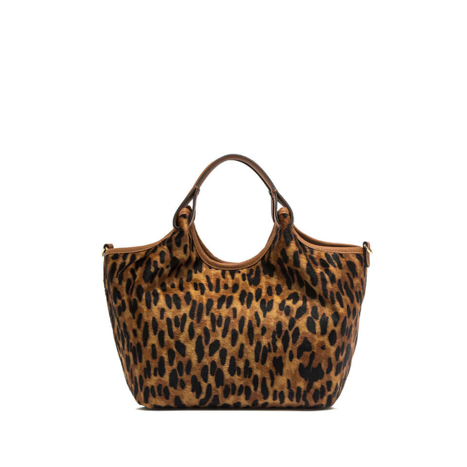 Borsa DUA di Gianni Chiarini in pelle effetto cavallino con stampa leopardata, portabilità a mano e tracolla.
