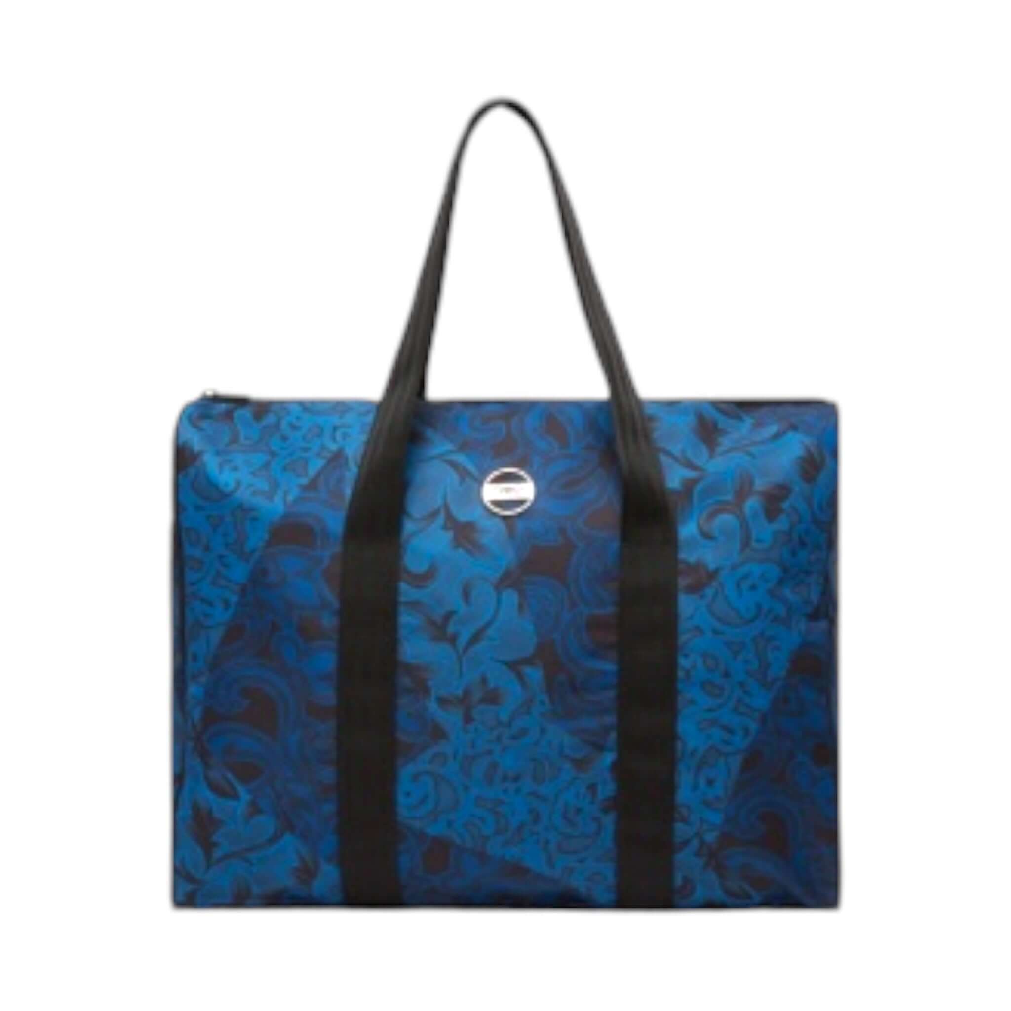 Borsone da viaggio di alta qualità in tessuto blu con motivo elegante e maniglie nere, ideale per viaggiare con stile.