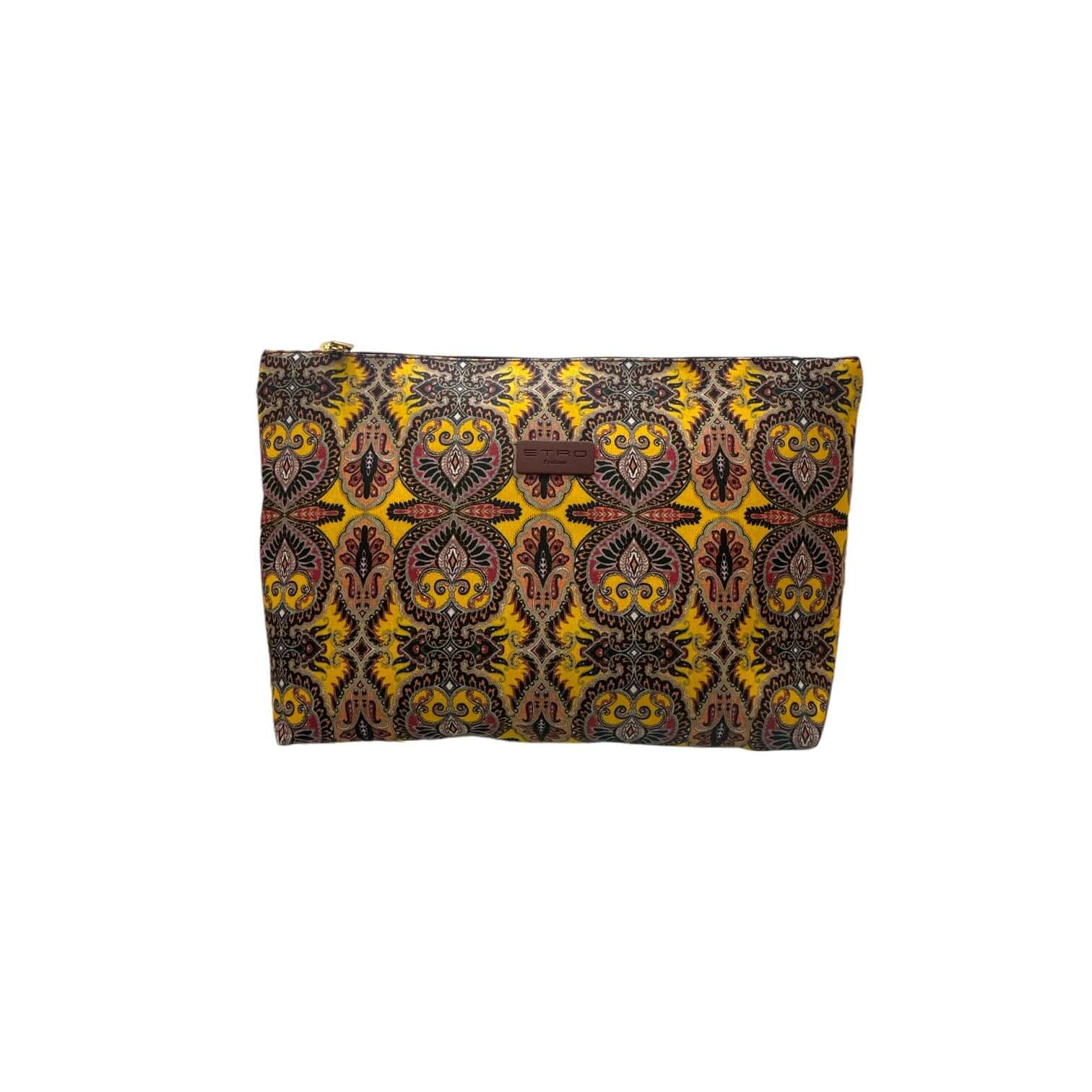 Busta Grande in tessuto fantasia giallo e nero, con zip e targhetta 'ETRO', ideale per conservare oggetti.