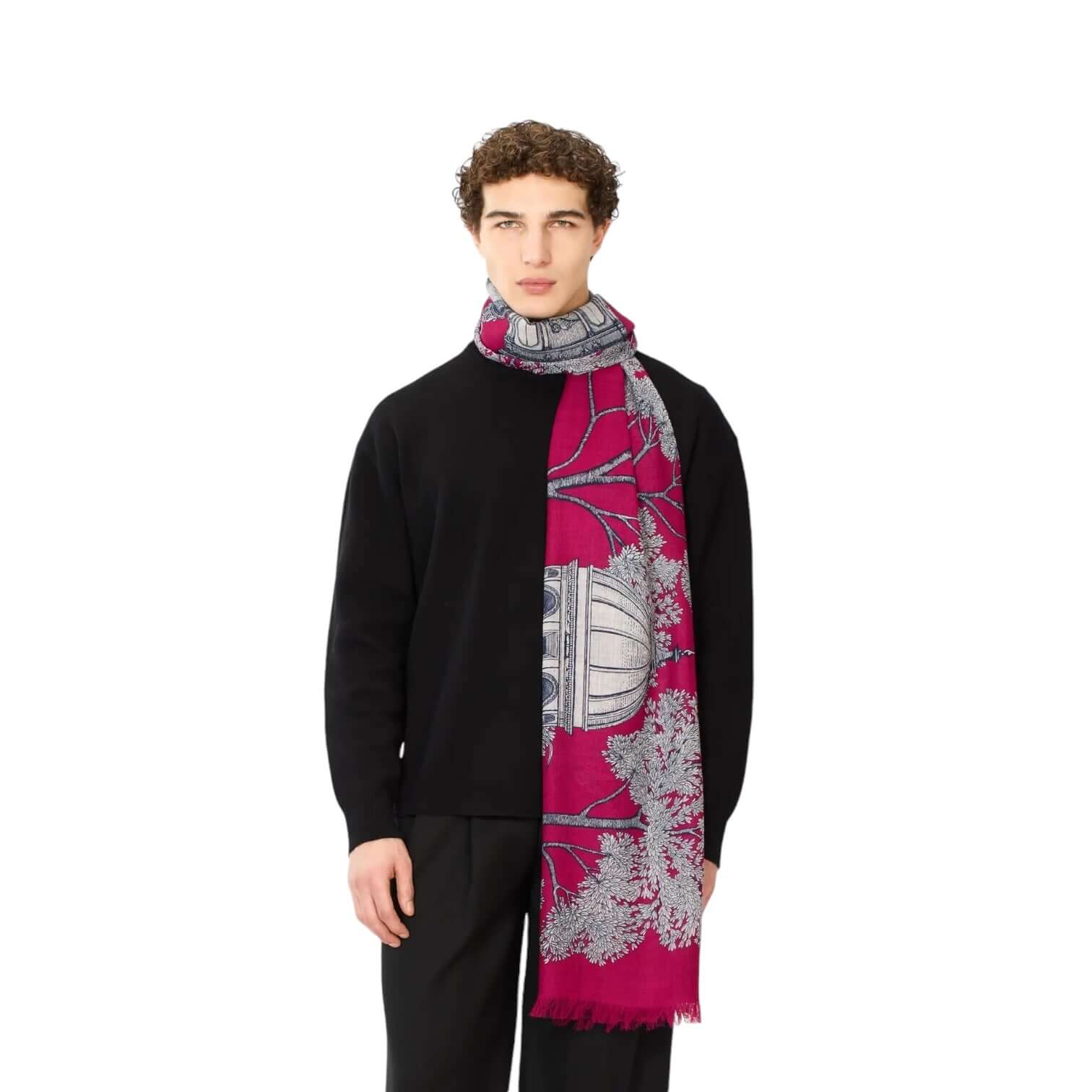 Man wearing Sciarpa Mirage Fucsia scarf, featuring unique patterns, perfect for adding color to any outfit.