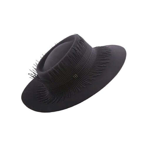 Cappello alla moda nero con frange in feltro di lana, perfetto per un look chic e sofisticato, taglia M.