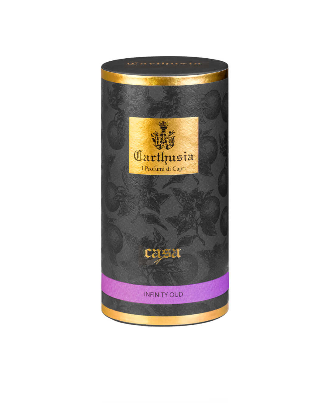 Carthusia Infinity Oud diffusive fragrance, showcasing a luxurious and elegant design with gold accents.