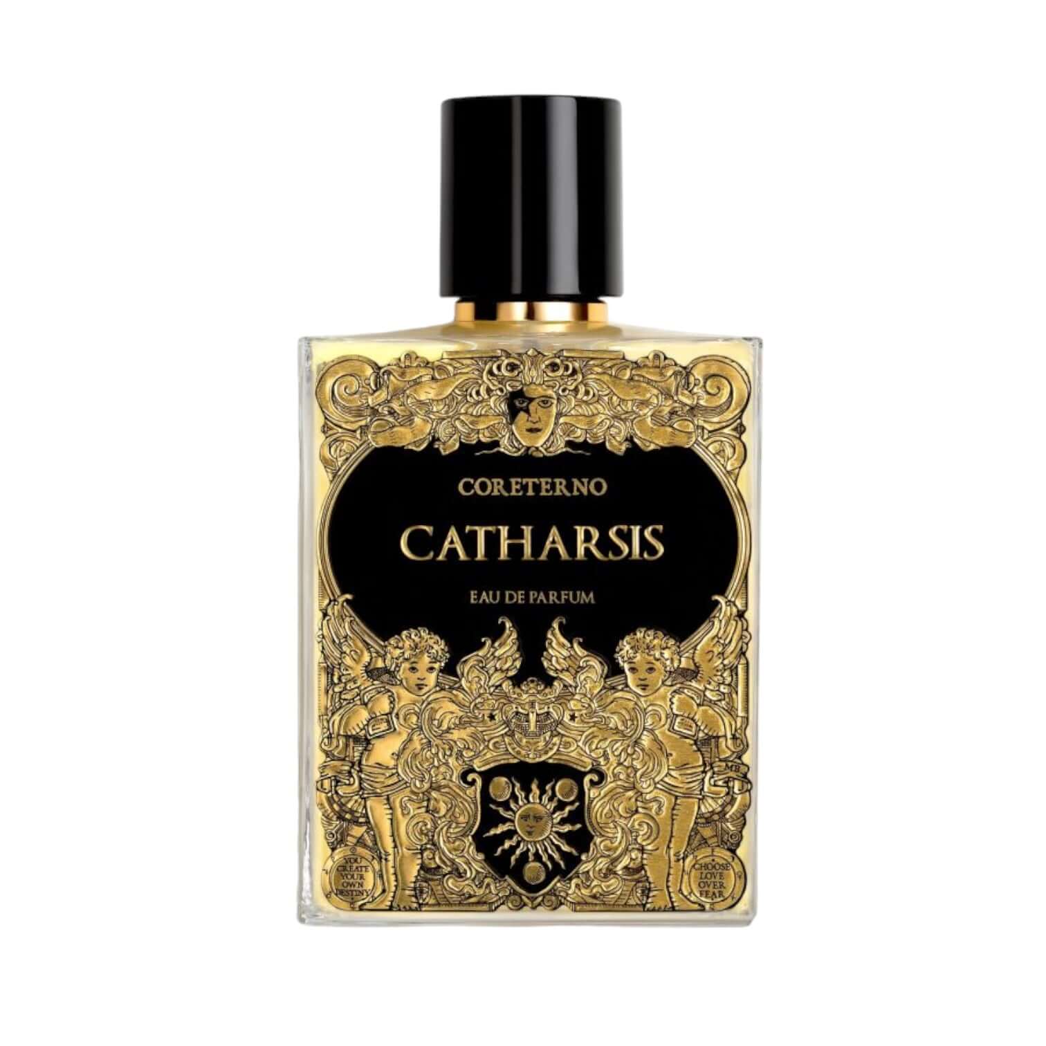 Catharsis Eau De Parfum bottle featuring ornate gold detailing and elegant design.