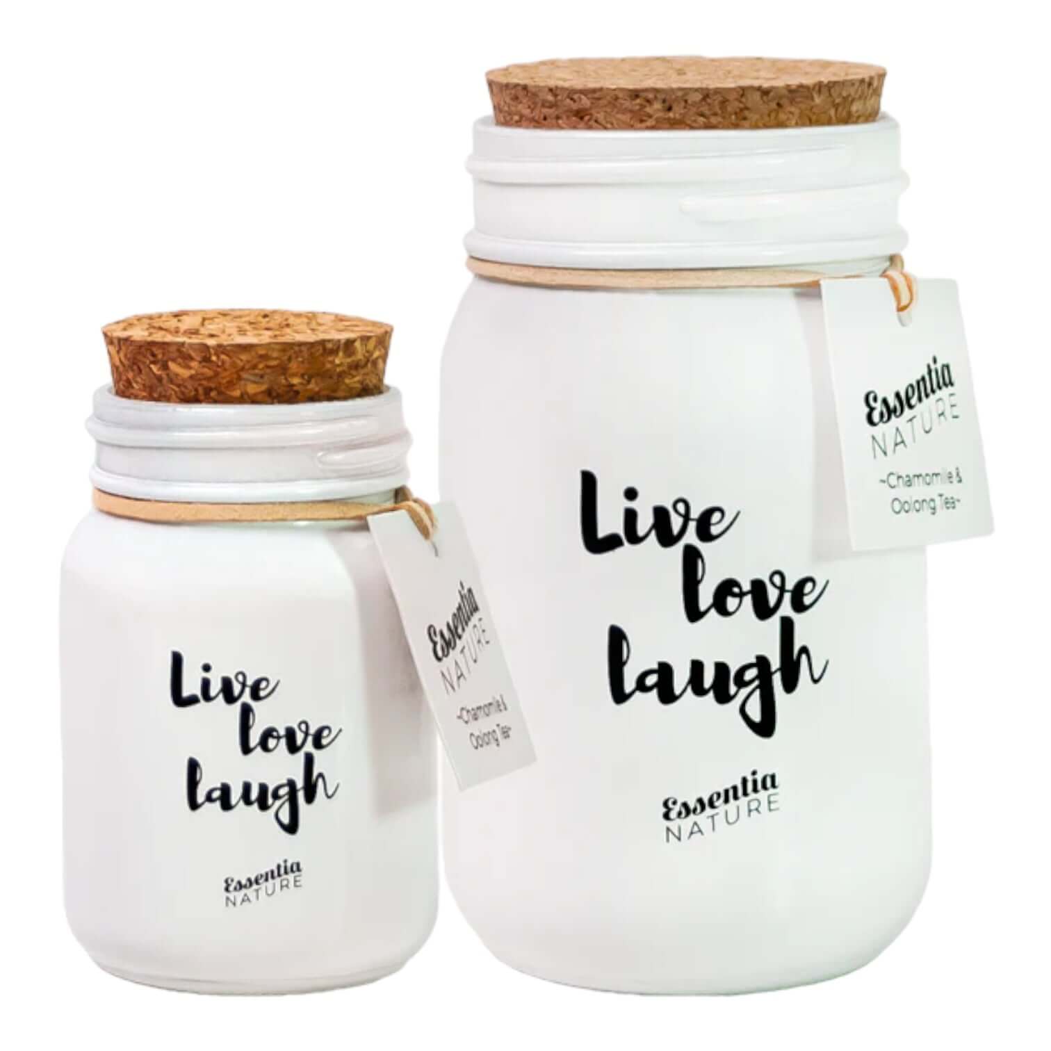 Chamomile & Oolong Candela jars from Essentia Nature with cork lids and 'Live Love Laugh' labels.
