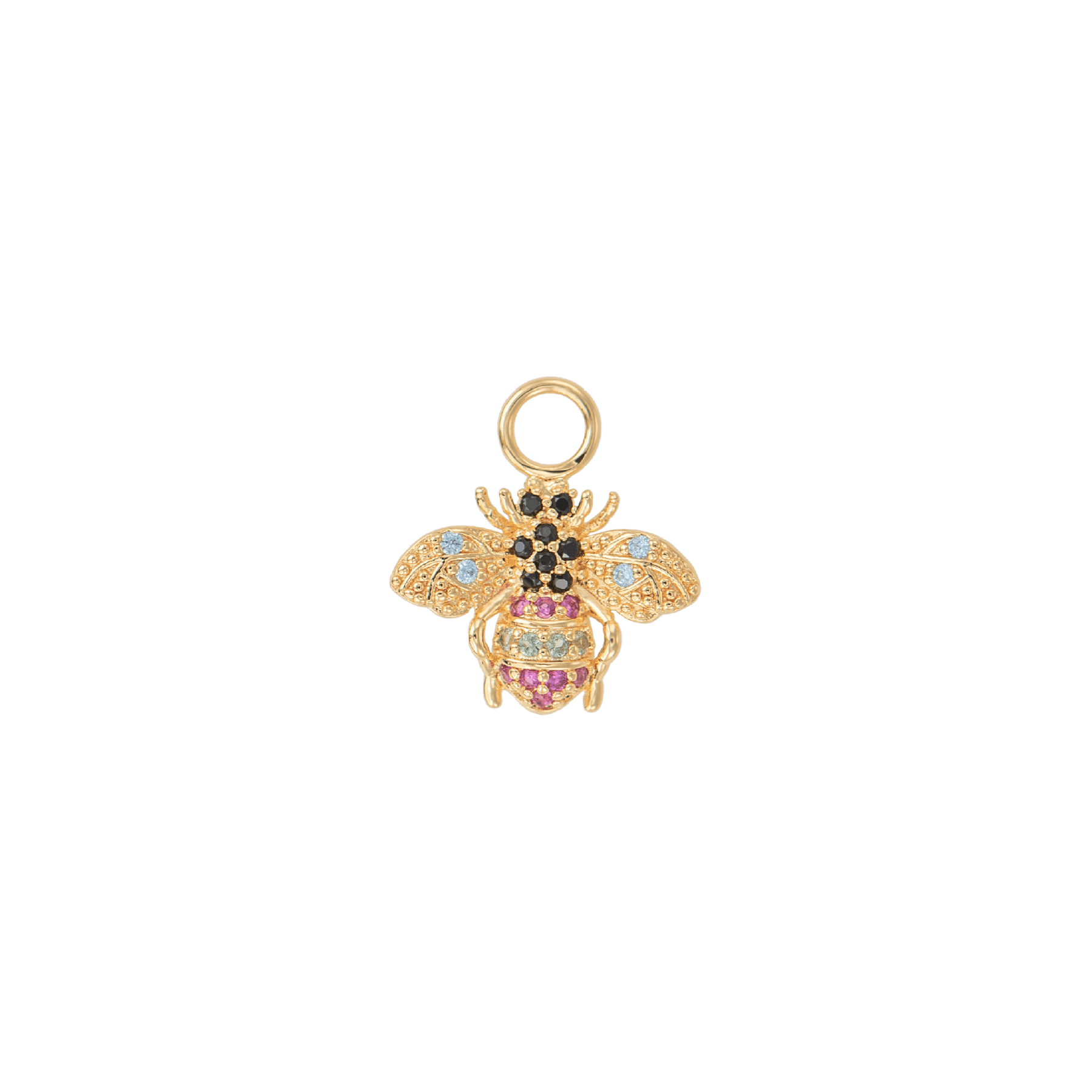 Piccola Felicità Charm in gold-plated brass featuring a colorful bee design with vibrant stones.