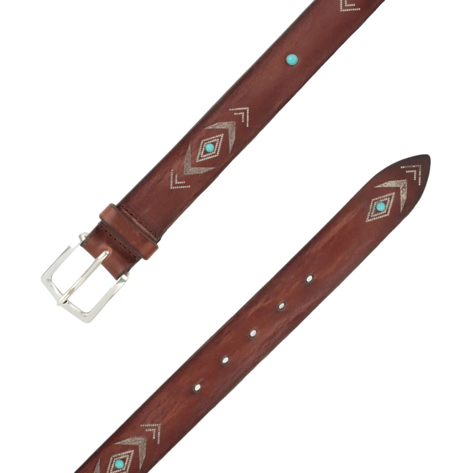 Cintura Bull Soapy in cuoio con cabochon turchesi e fibbia argento, dettaglio incisions laser.