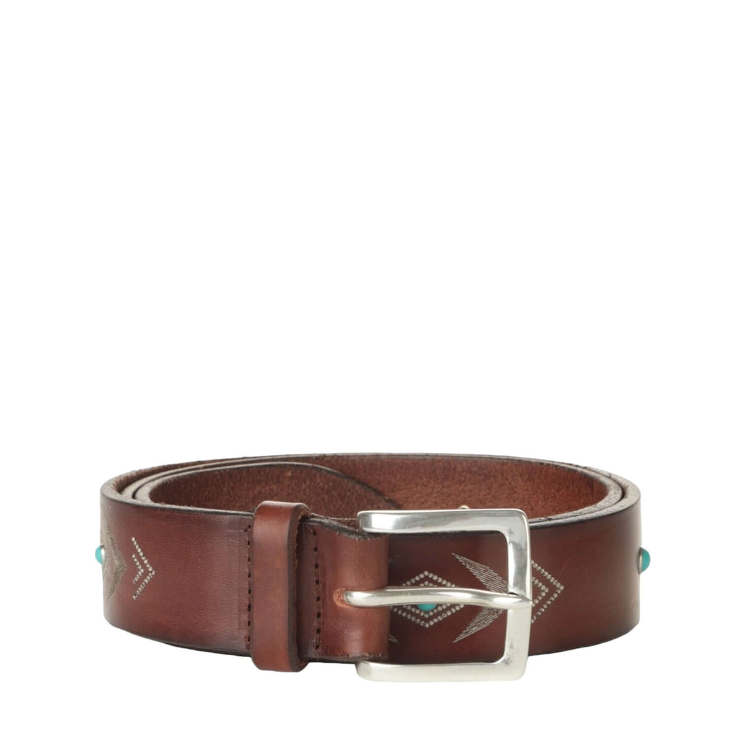 Cintura Bull Soapy in cuoio marrone con fibbia argento e cabochon turchesi, eleganza Made in Italy.