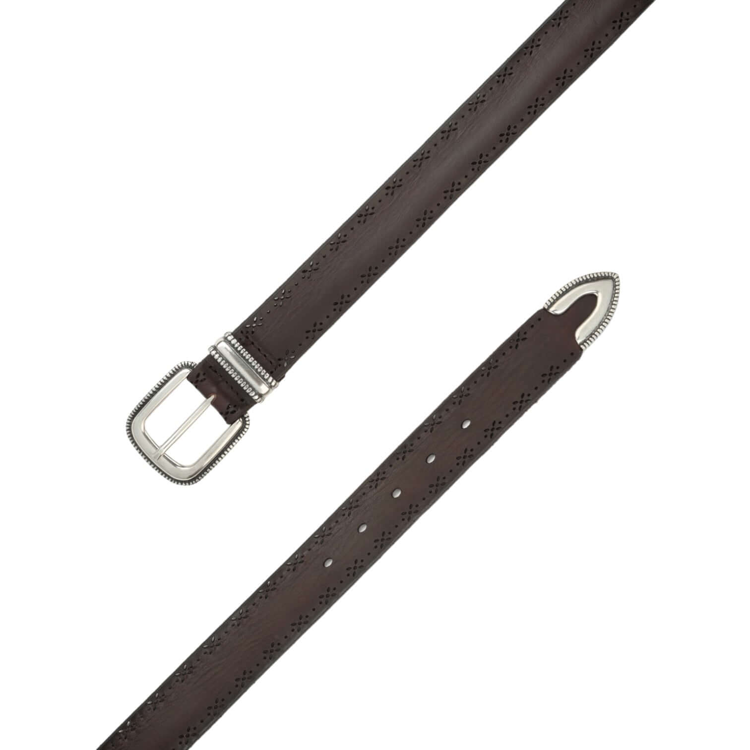 Cintura Bull Soft in pelle marrone con fibbia in argento e incisioni floreali, elegante e versatile.