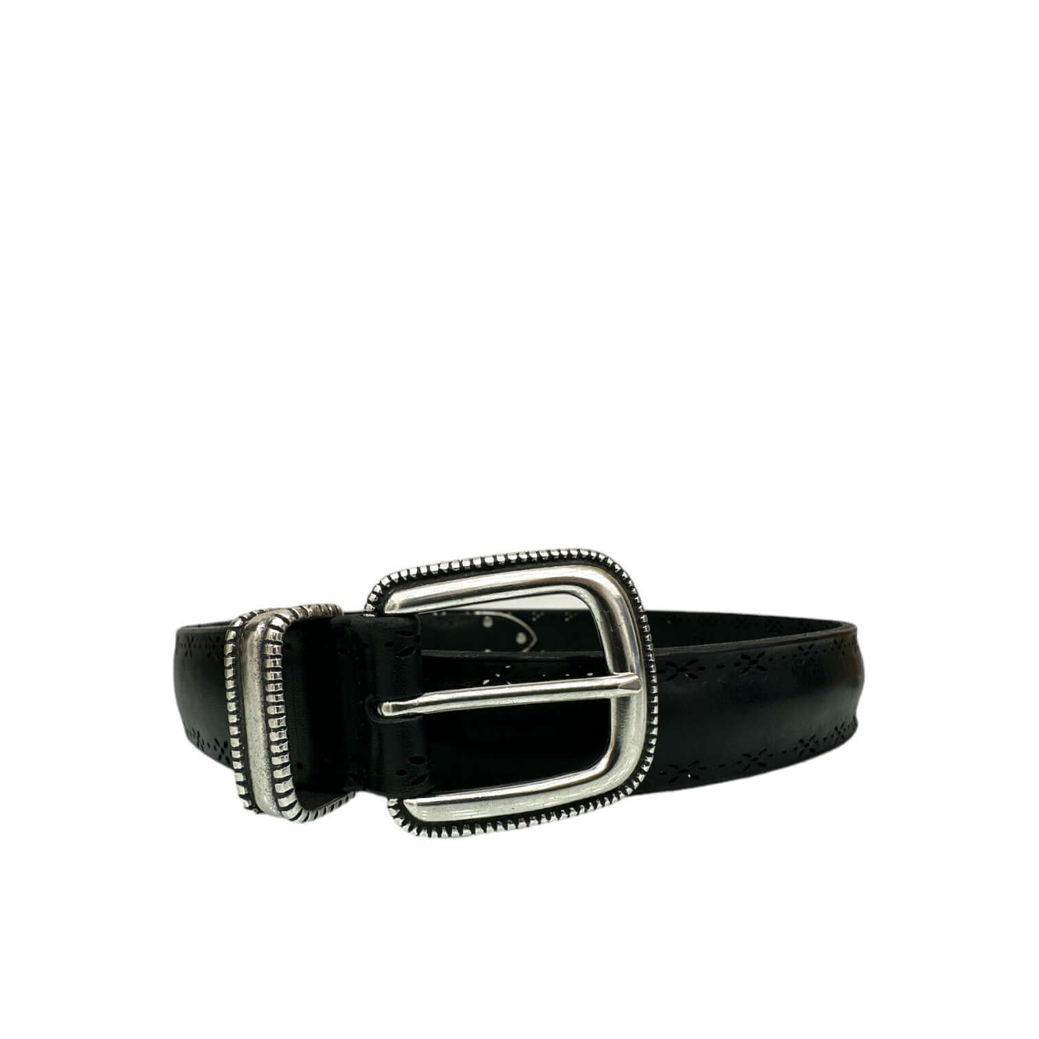 Elegante cintura Bull Soft nera con fibbia in argento e incisione floreale, realizzata in Italia.