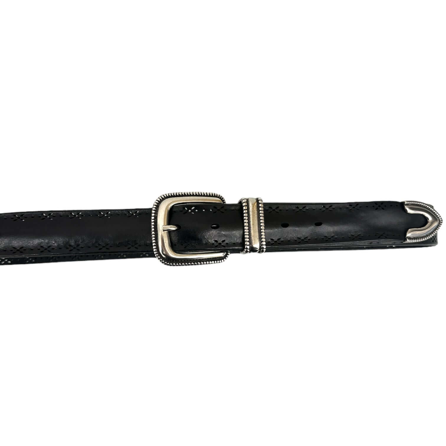 Elegante cintura Bull Soft nera con fibbia in argento e incisione floreale, misura 3,2 cm, realizzata in Italia.