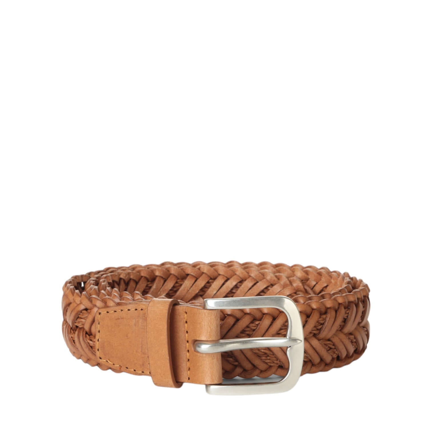 Cintura sportiva intrecciata in cuoio naturale con fibbia inglese, colore arancio, elegante e casual.