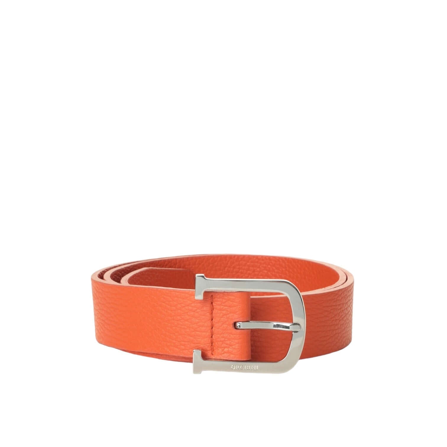 Cintura Micron in Pelle arancione con fibbia logata in palladio, accessorio elegante e resistente.