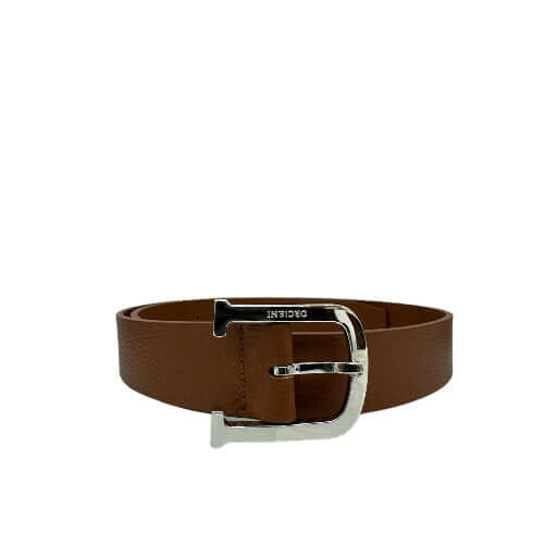 Cintura Micron in Pelle marrone con fibbia logata in palladio, elegante e resistente, Made in Italy.