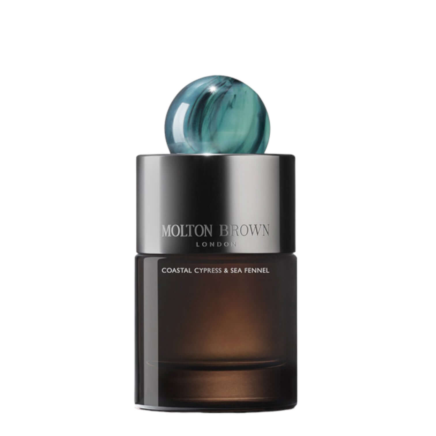 Molton Brown Coastal Cypress & Sea Fennel Eau De Parfum in elegant glass bottle with unique resin cap.