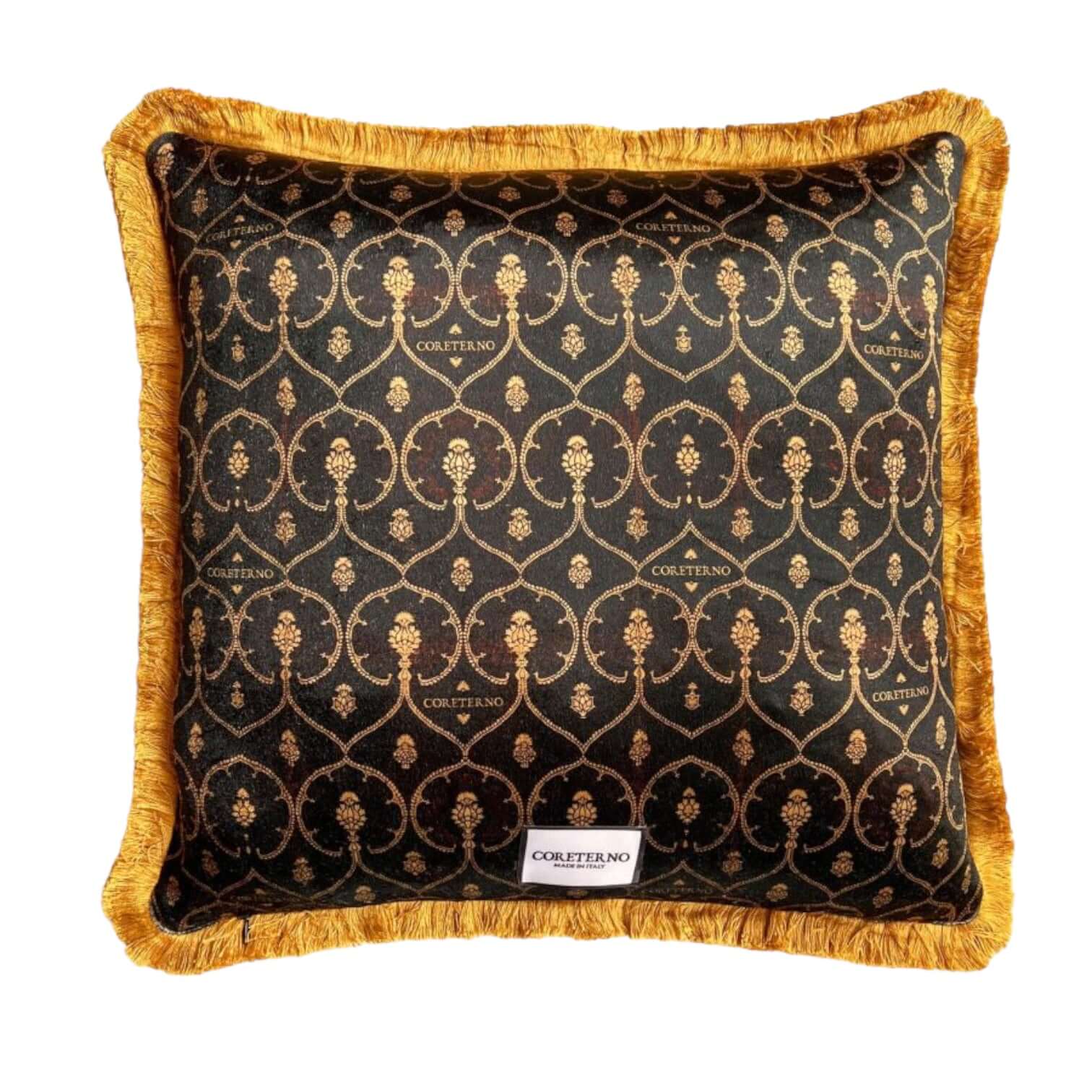 Elegante cuscino Coreterno in velluto nero con motivi dorati e bordura in frange ocra.