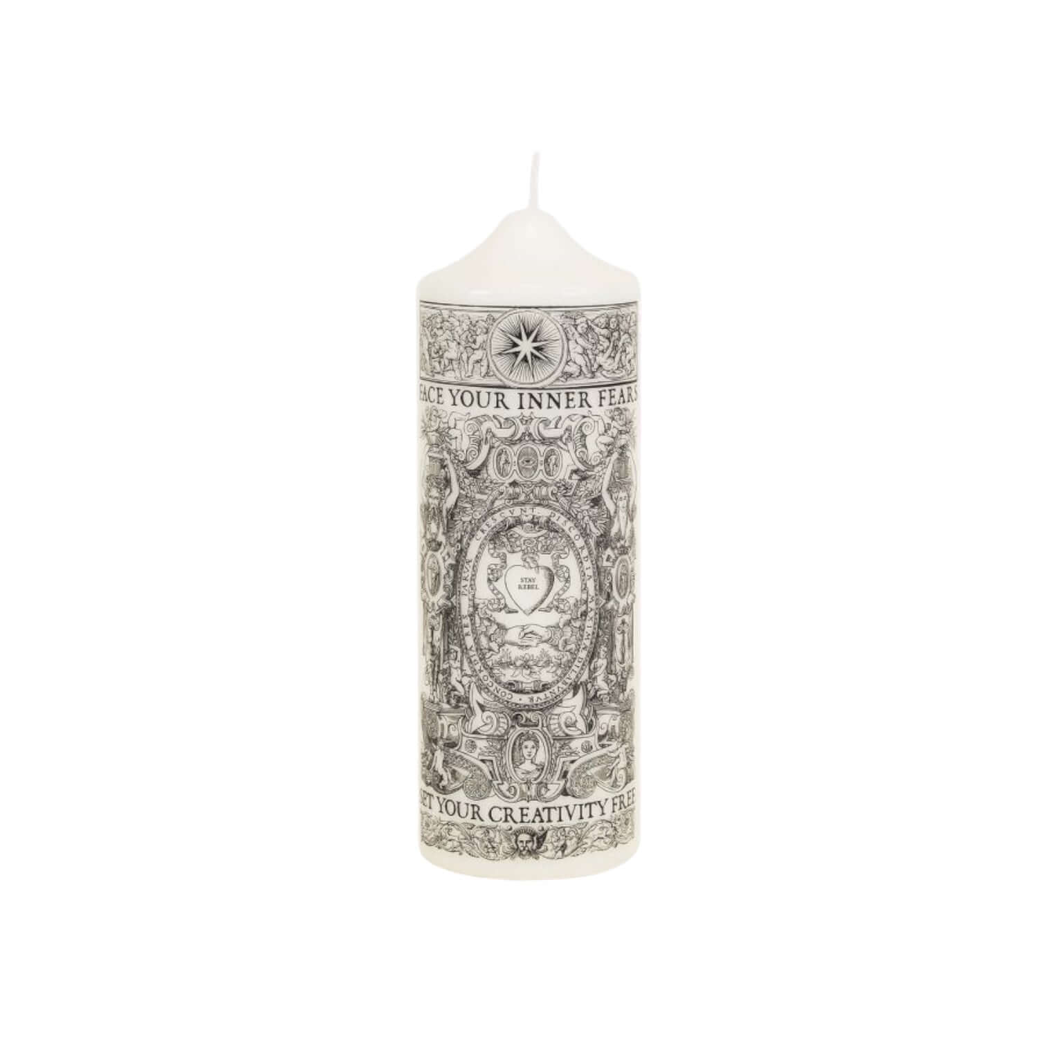 Visionary Pillar Candle featuring artwork encouraging creativity and inner strength, crafted from mineral and vegetable wax.