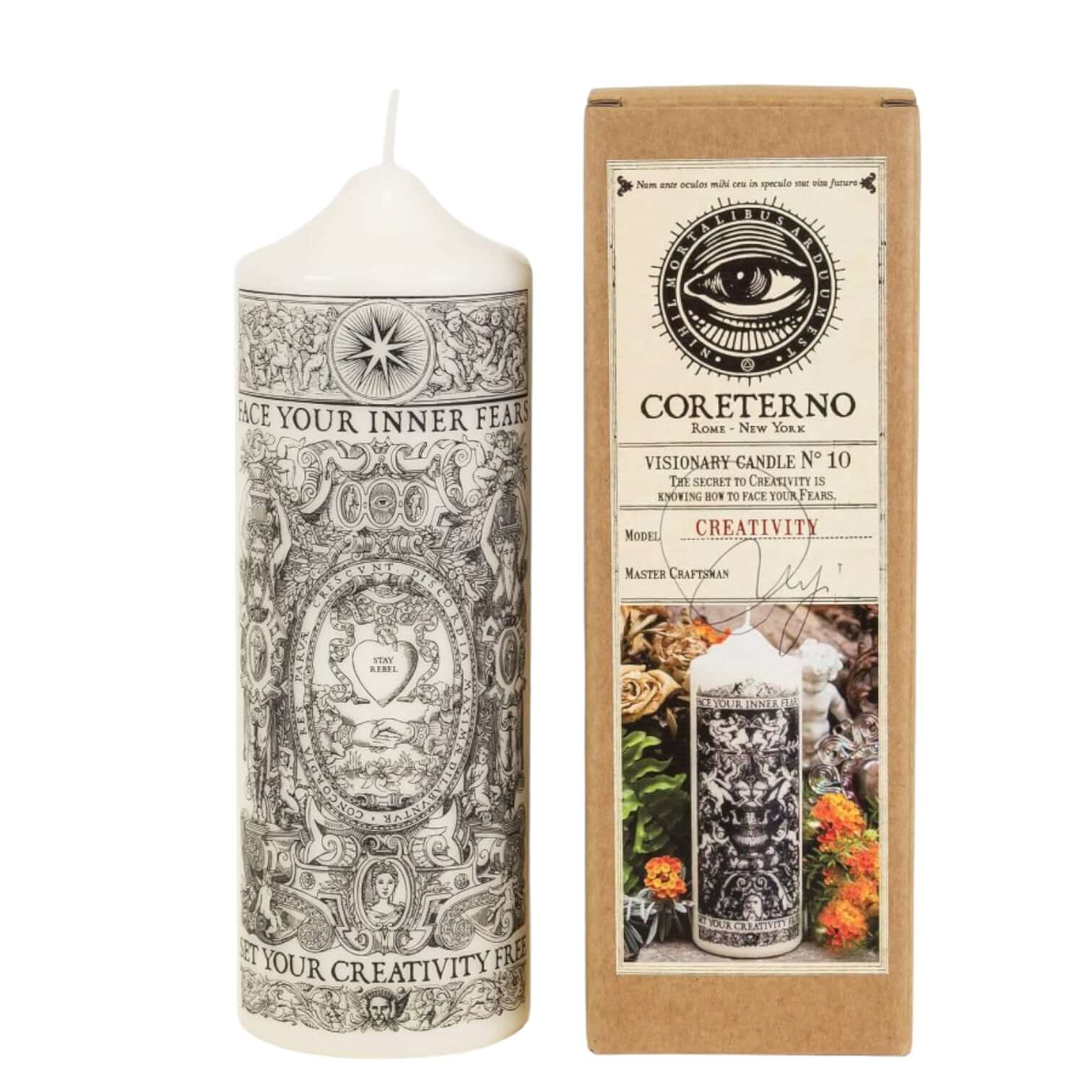 Visionary Candle N°10 'Creativity' featuring intricate designs and packaging, promoting inner strength and creativity.