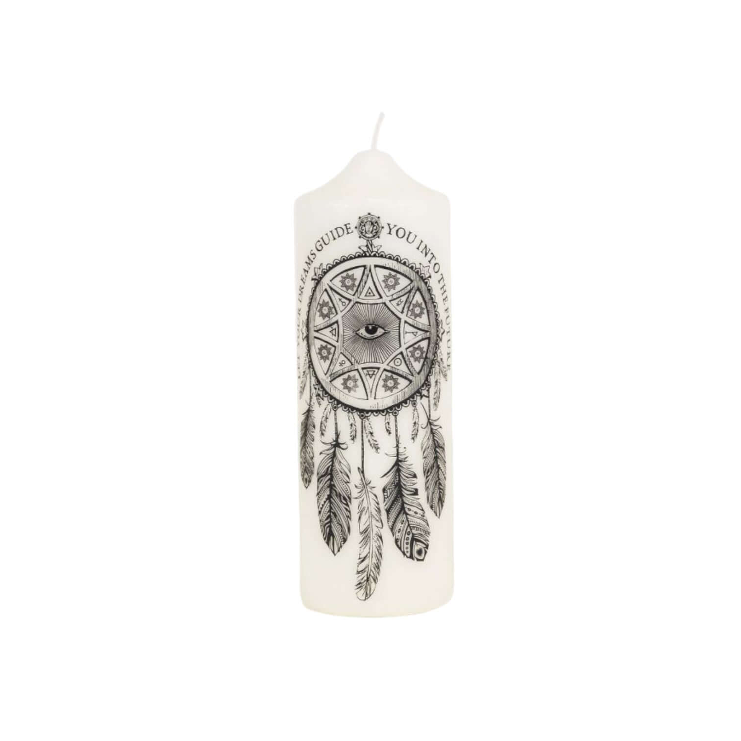 Dream Catcher Candela Artistica, white pillar candle with intricate design, symbolizes dreams and positivity.
