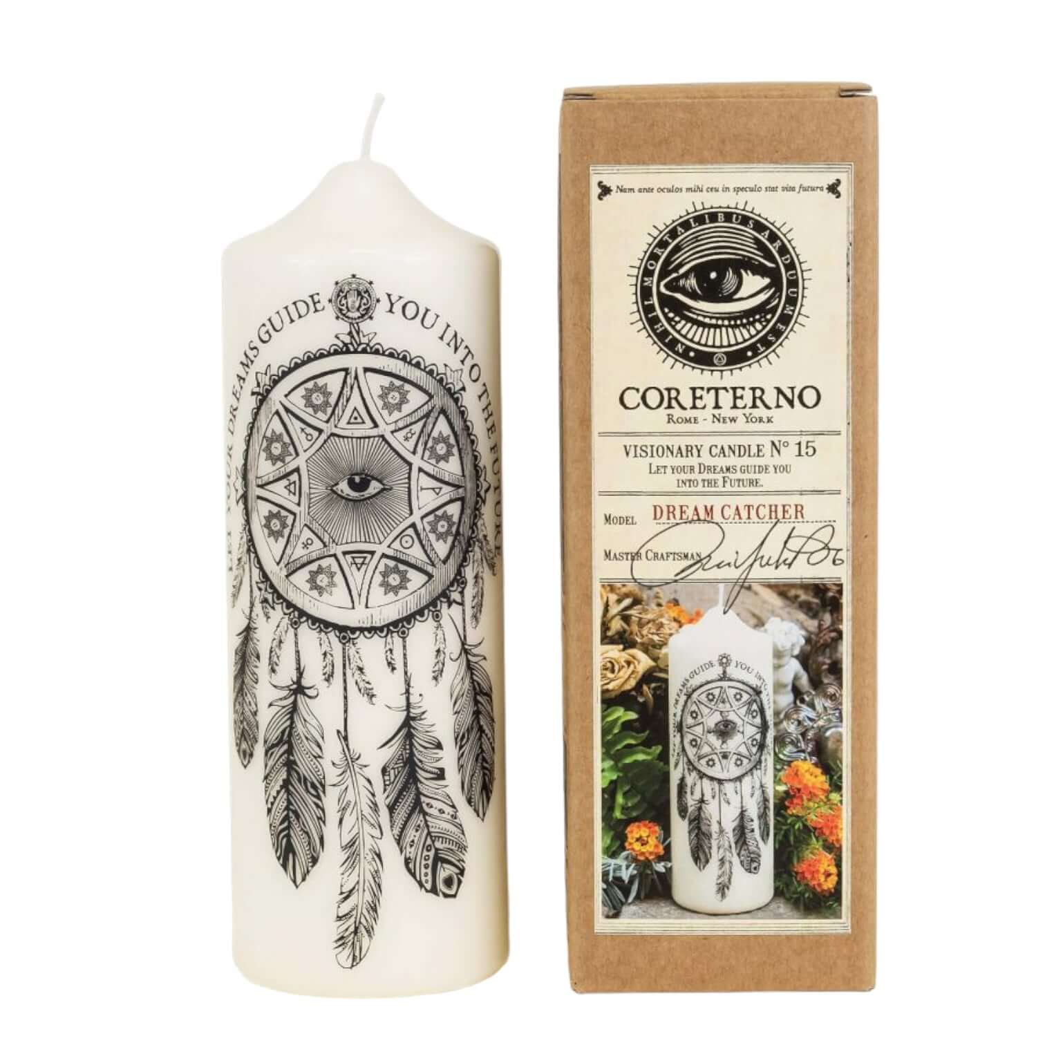 Dream Catcher Visionary Candle with intricate printing and decorative box, symbolizing light and positivity.