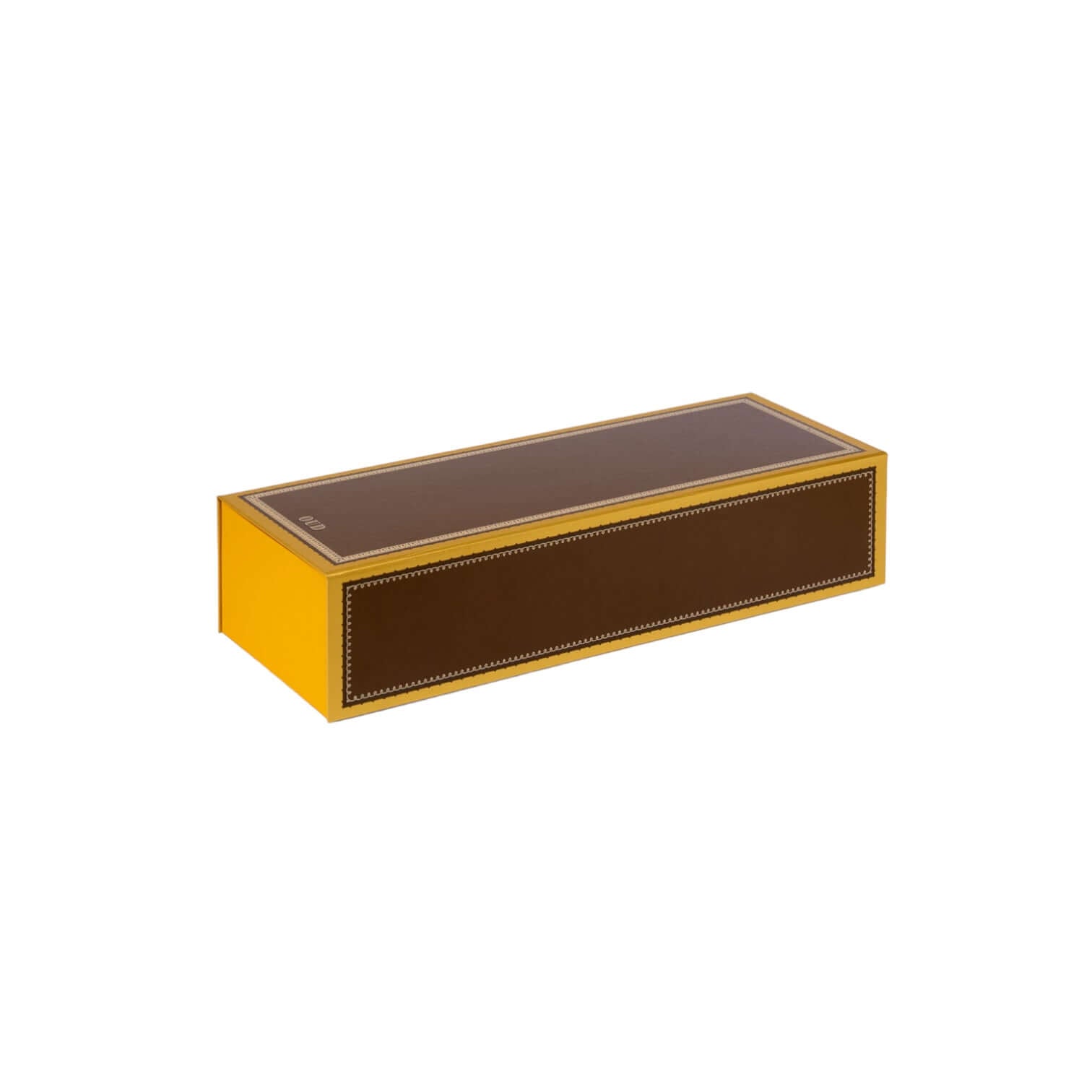 Elegant hand-crafted box for Oud Diffusore, featuring a rich brown exterior and vibrant yellow accents.