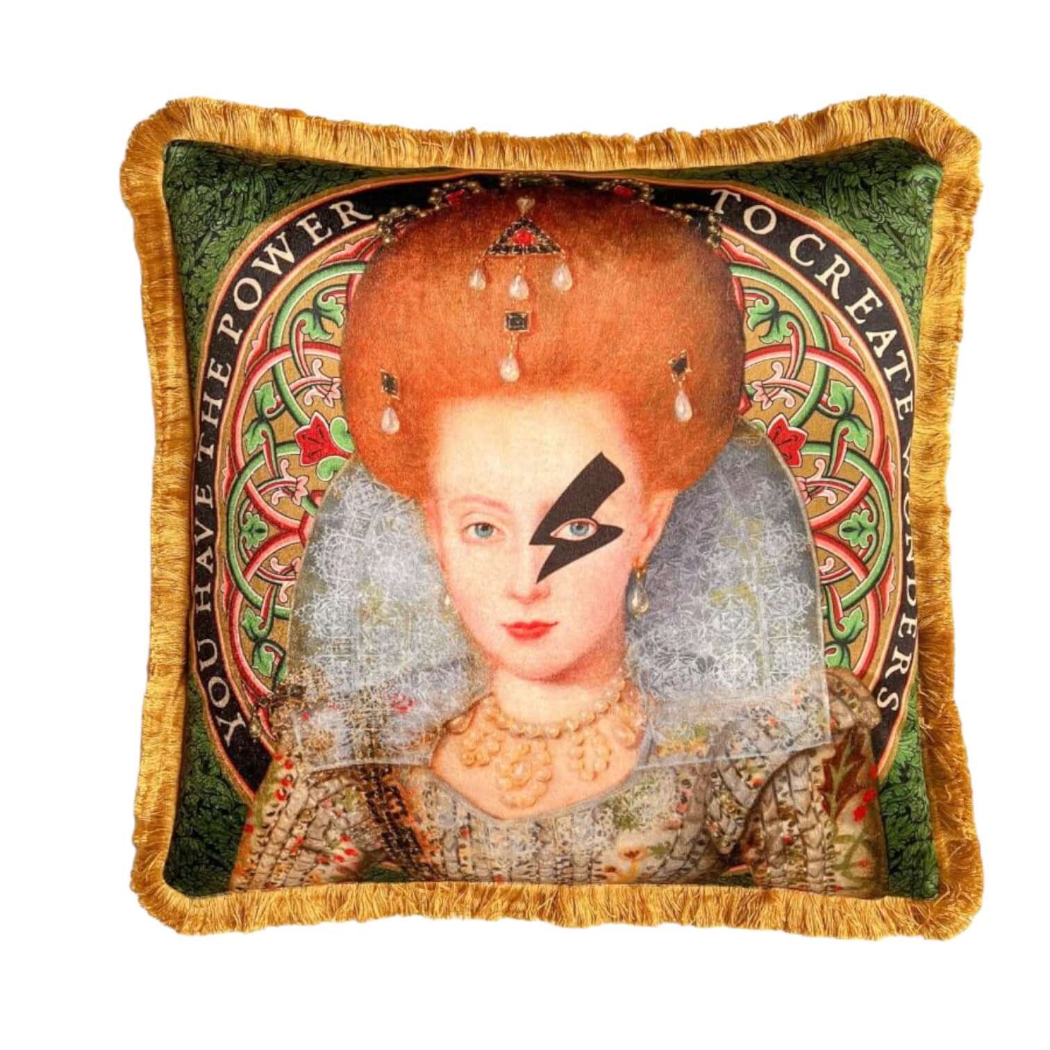 Decorative cushion featuring a regal portrait with unique design elements and vibrant colors.