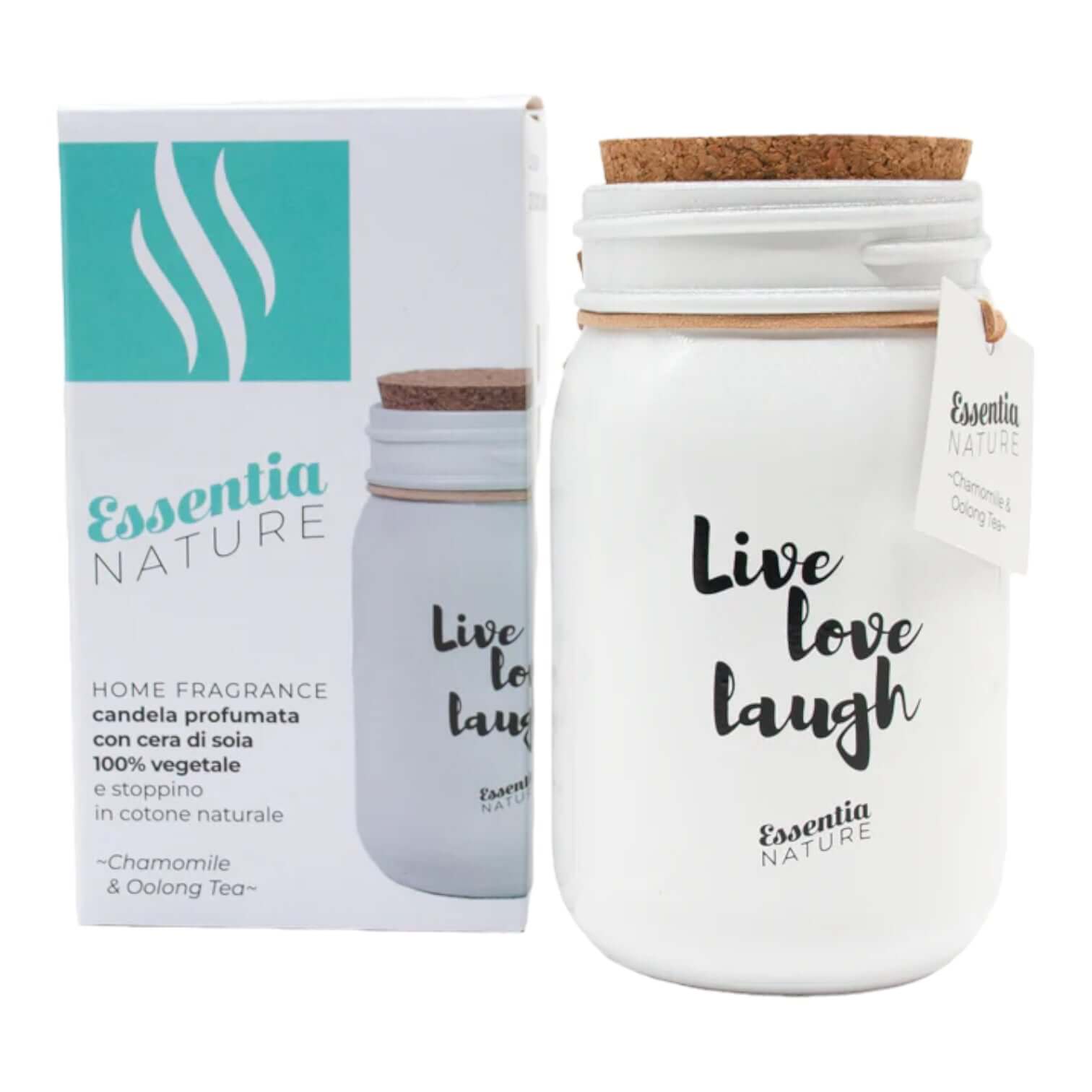 Chamomile & Oolong candle from Essentia Nature in a glass jar with a cork lid, promoting a natural home fragrance.