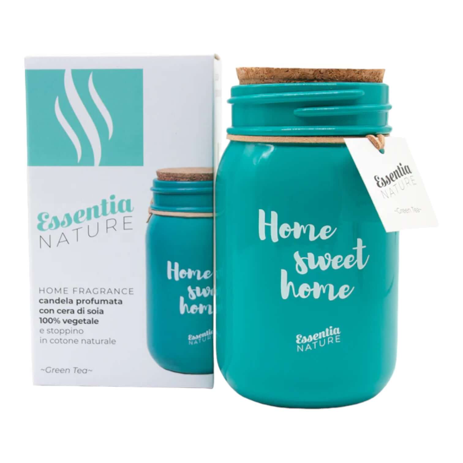 Green Tea scented candle in turquoise jar with cork lid and tag, from Essentia Nature collection.