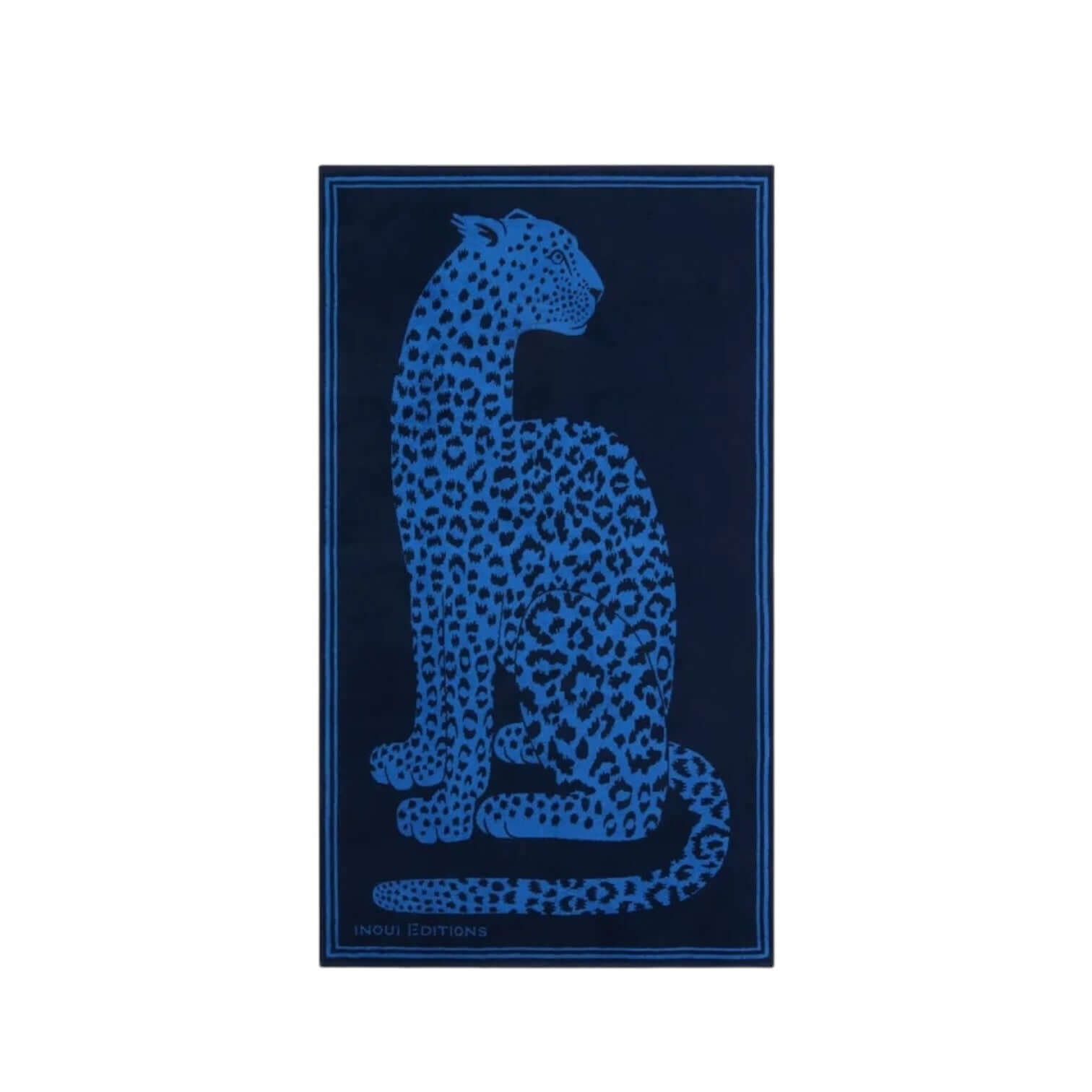Telo Mare Fetiche featuring a hand-drawn blue leopard illustration on a dark background, measuring 100 x 180 cm.