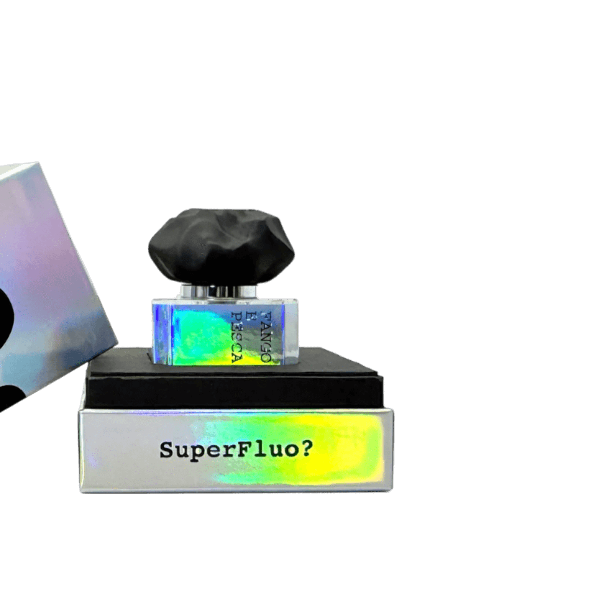 FANGO E PESCA profumo di Filippo Sorcinelli in bottiglia riflettente con tappo decorativo.