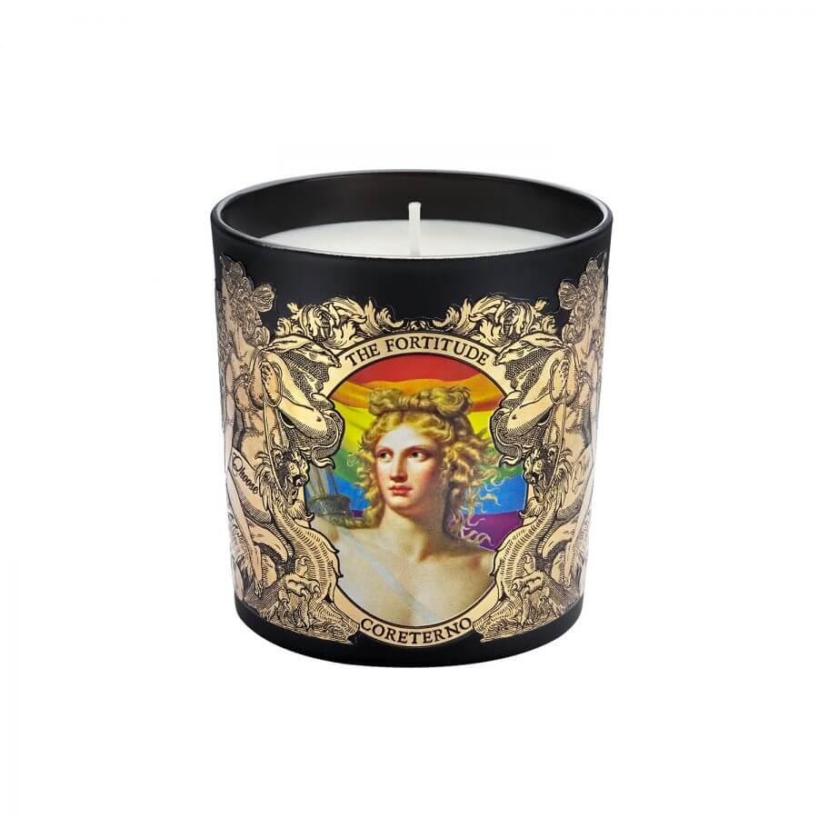 The Fortitude scented candle featuring a regal design and colorful imagery, embodying strength and beauty.