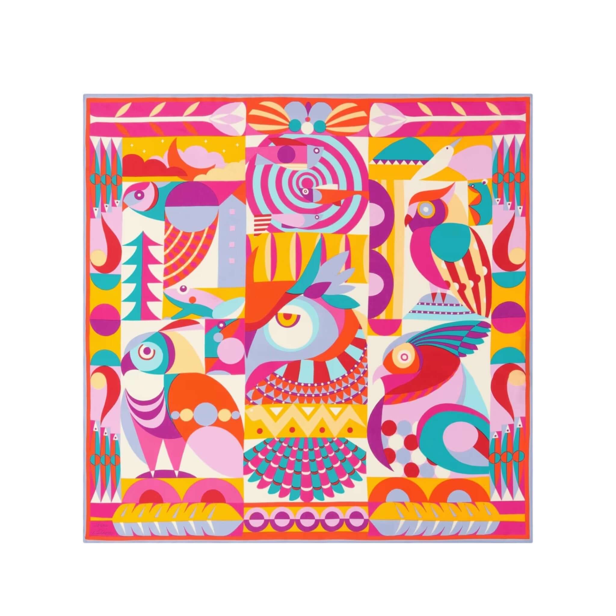 Foulard Quadrato Cleo: colorato foulard in seta con motivi vivaci e uccelli stilizzati, perfetto per ogni occasione.