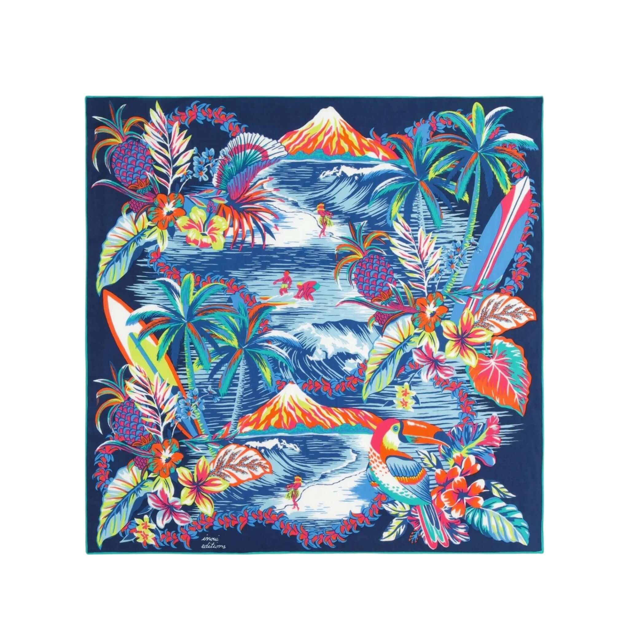 Foulard quadrato Hawai, stampa tropicale con onde, palme e fiori colorati, ideale per colli, capelli e come top.