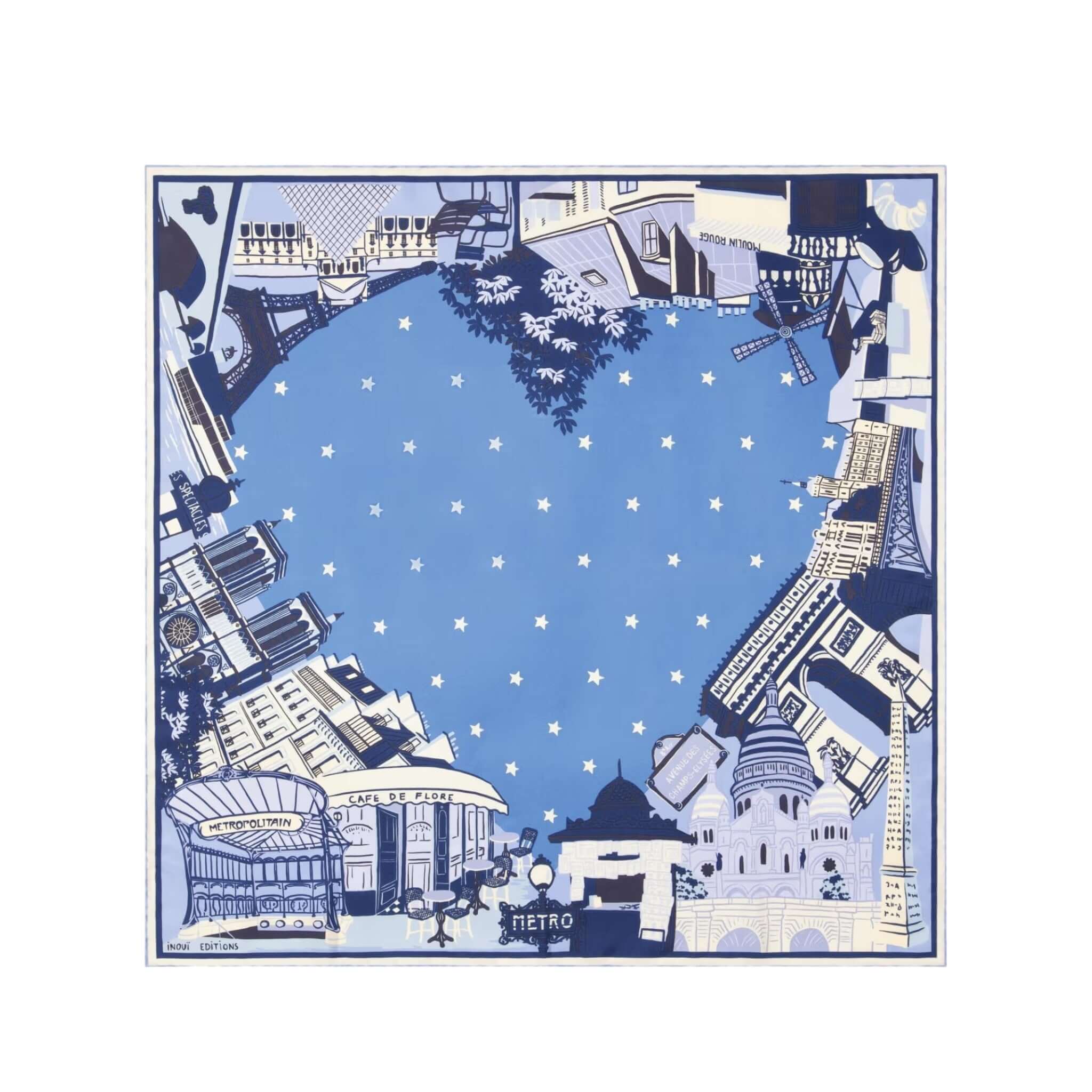 Foulard quadrato J'aime Paris in blu, con dettagli iconici e stelle, perfetto per ogni occasione.