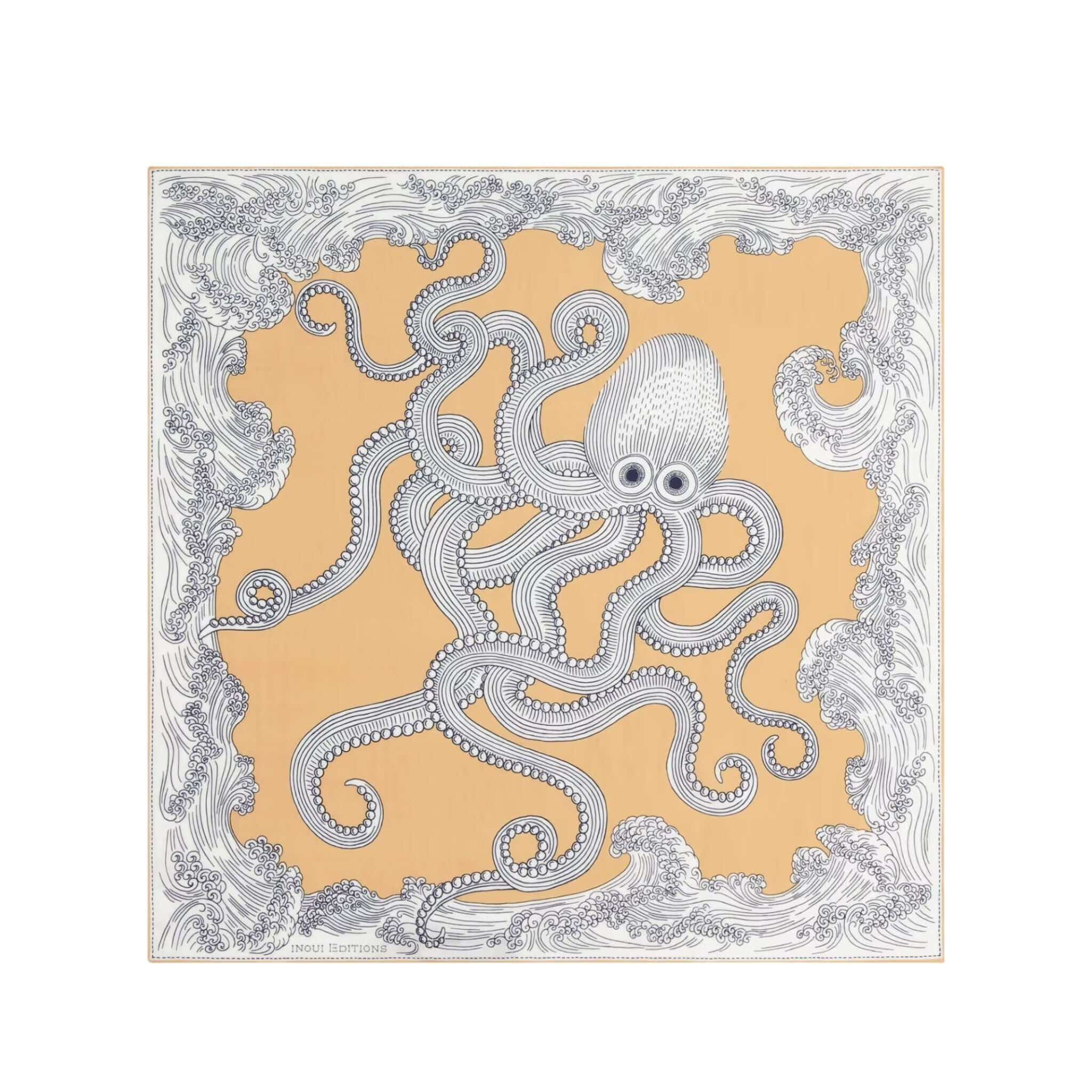 Foulard quadrato Poseidon con stampa di polpo su sfondo arancione, perfetto per collo e capelli.