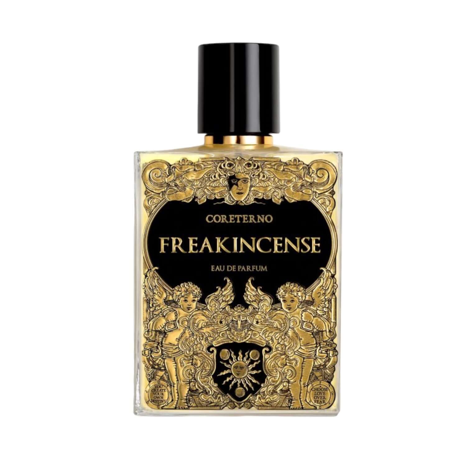 Freakincense Eau De Parfum bottle with ornate gold and black design, featuring playful cherubs.