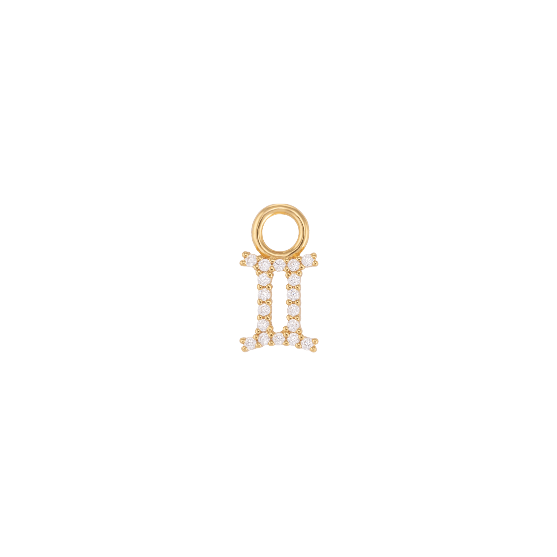 Gemelli zodiac charm in 18k gold plating, adorned with sparkling stones, symbolizing elegance and innovation.