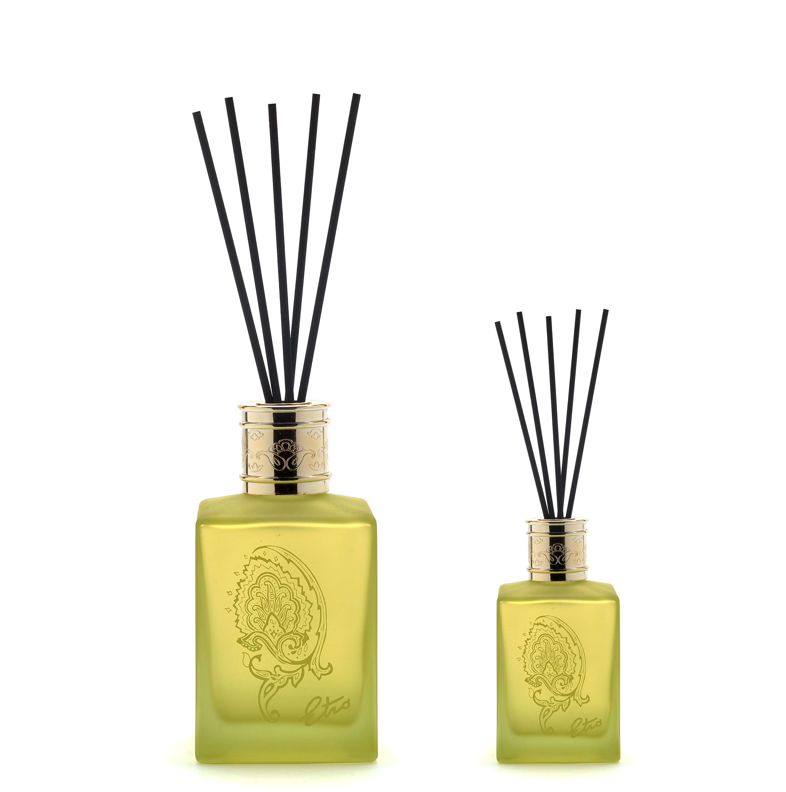 Dafne Diffusore set with two elegantly designed glass bottles and black reed sticks.